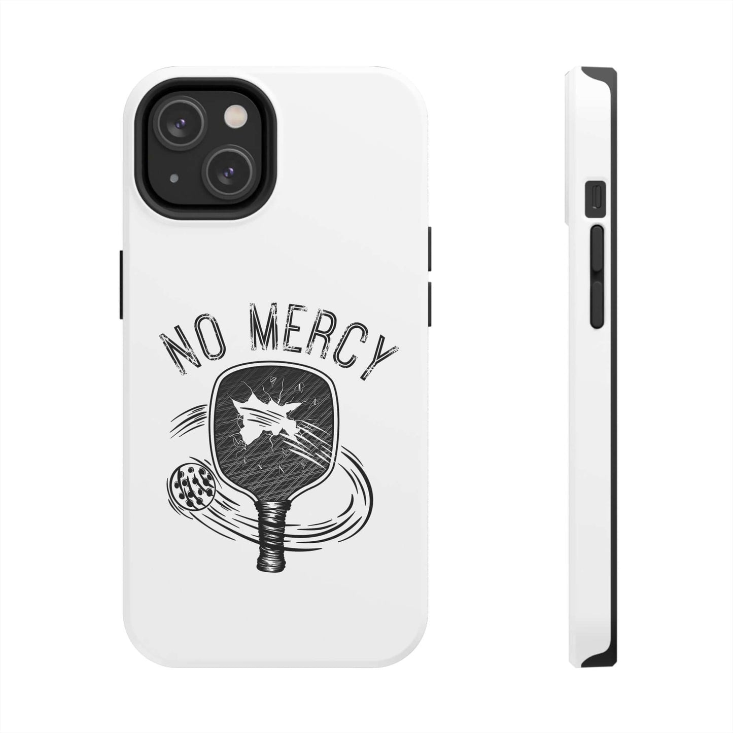 "No Mercy Pickleball Series dual-layer iPhone case with pickleball paddle design, by RND Power Solutions, shown from front and side"