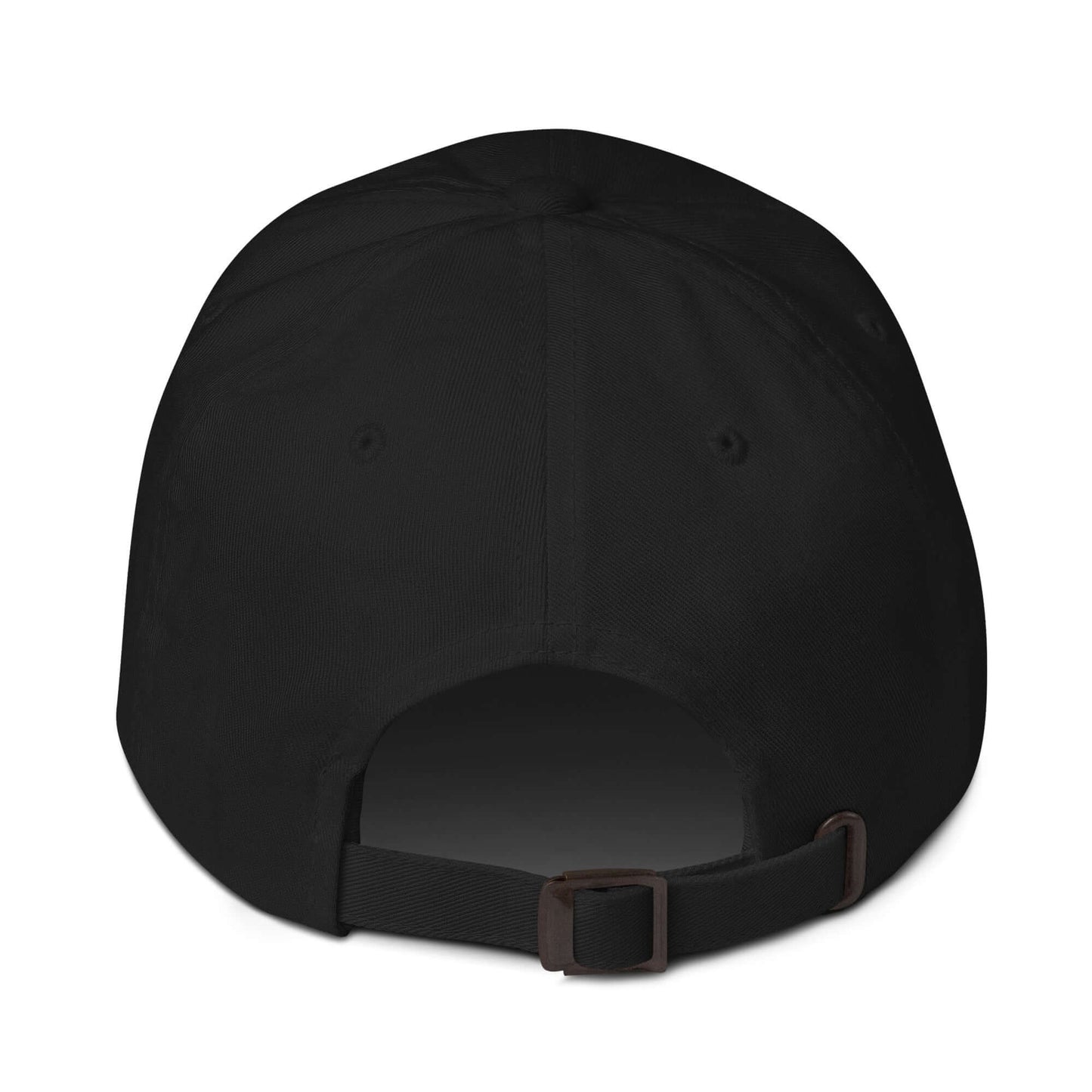 Back view of black Pickleball Passion Dad Hat with adjustable strap and embroidered eyelets.