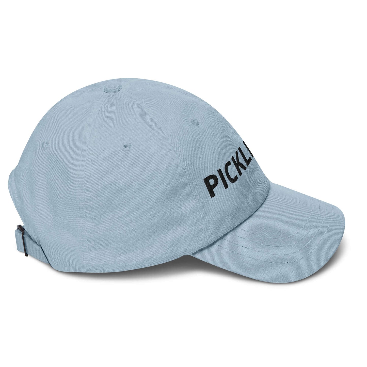 Light blue pickleball dad hat with bold black "Pickleball" embroidery for sports enthusiasts.