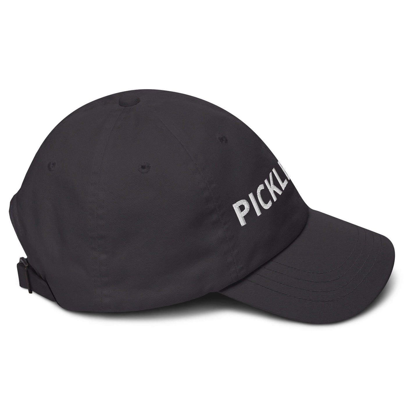 Black Pickleball Dad Hat with bold embroidered logo for pickleball enthusiasts, sporty style accessory for casual wear.
