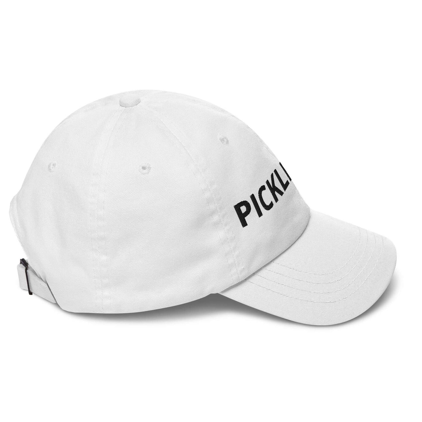 White pickleball dad hat with bold "Pickleball" embroidery, low-profile design for enthusiasts seeking sporty style.