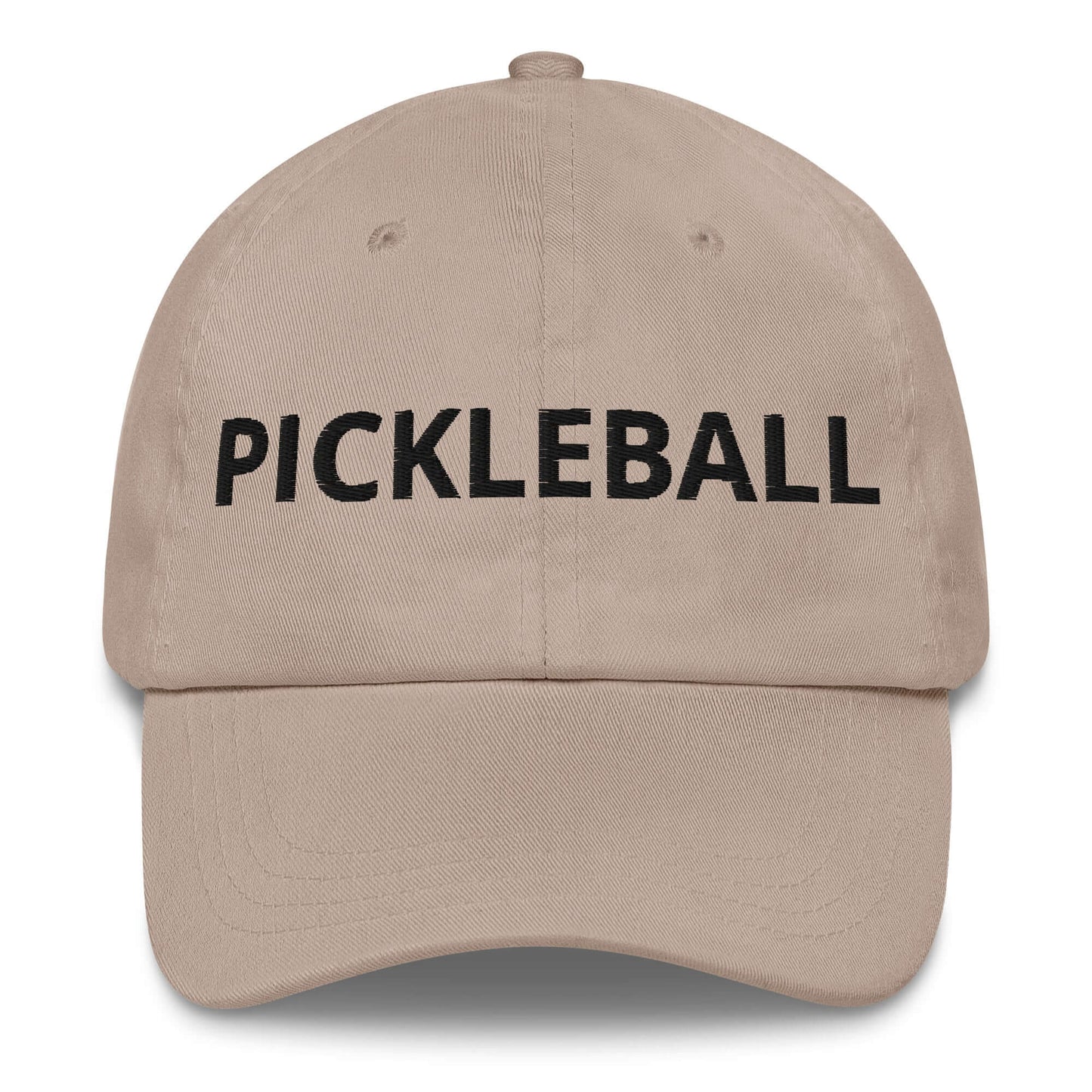 Beige dad hat with bold black "Pickleball" embroidery, perfect for enthusiastic players wanting a sporty and stylish look on the court.