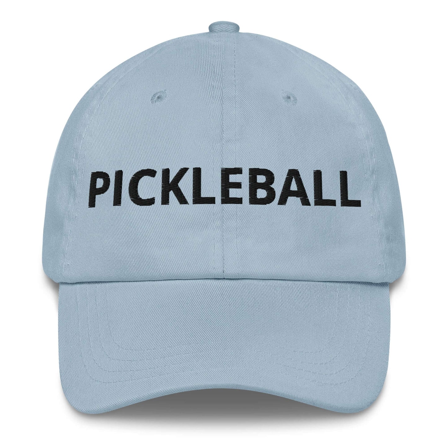 Pickleball dad hat with bold embroidered lettering on a light blue background, perfect for pickleball enthusiasts.