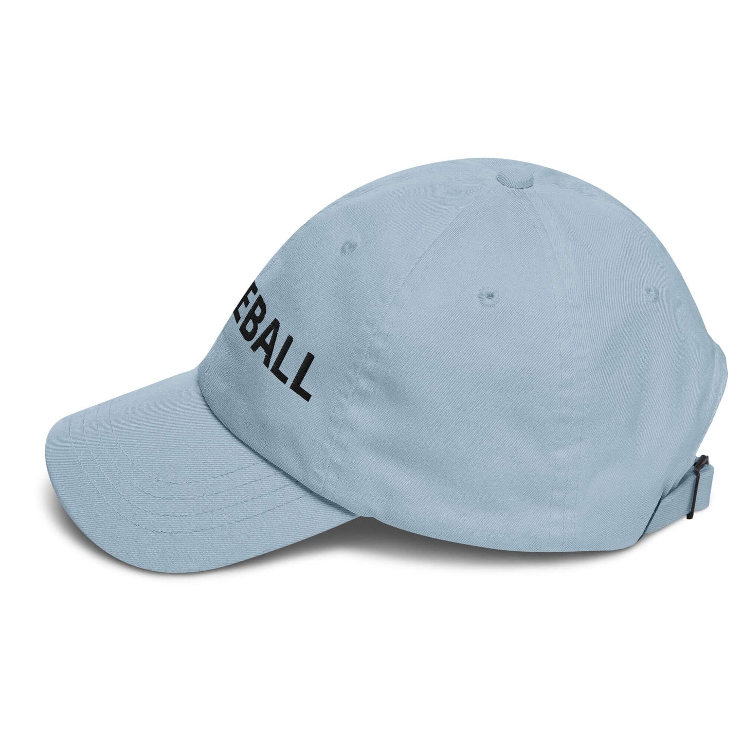 Light blue pickleball dad hat with bold black "Pickleball" embroidery, perfect for sporty enthusiasts.