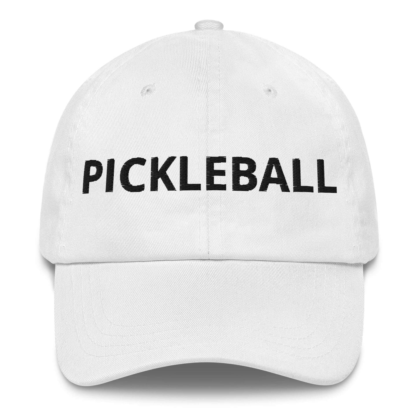 White dad hat with bold "Pickleball" embroidery, perfect for pickleball enthusiasts seeking sporty style and casual comfort.