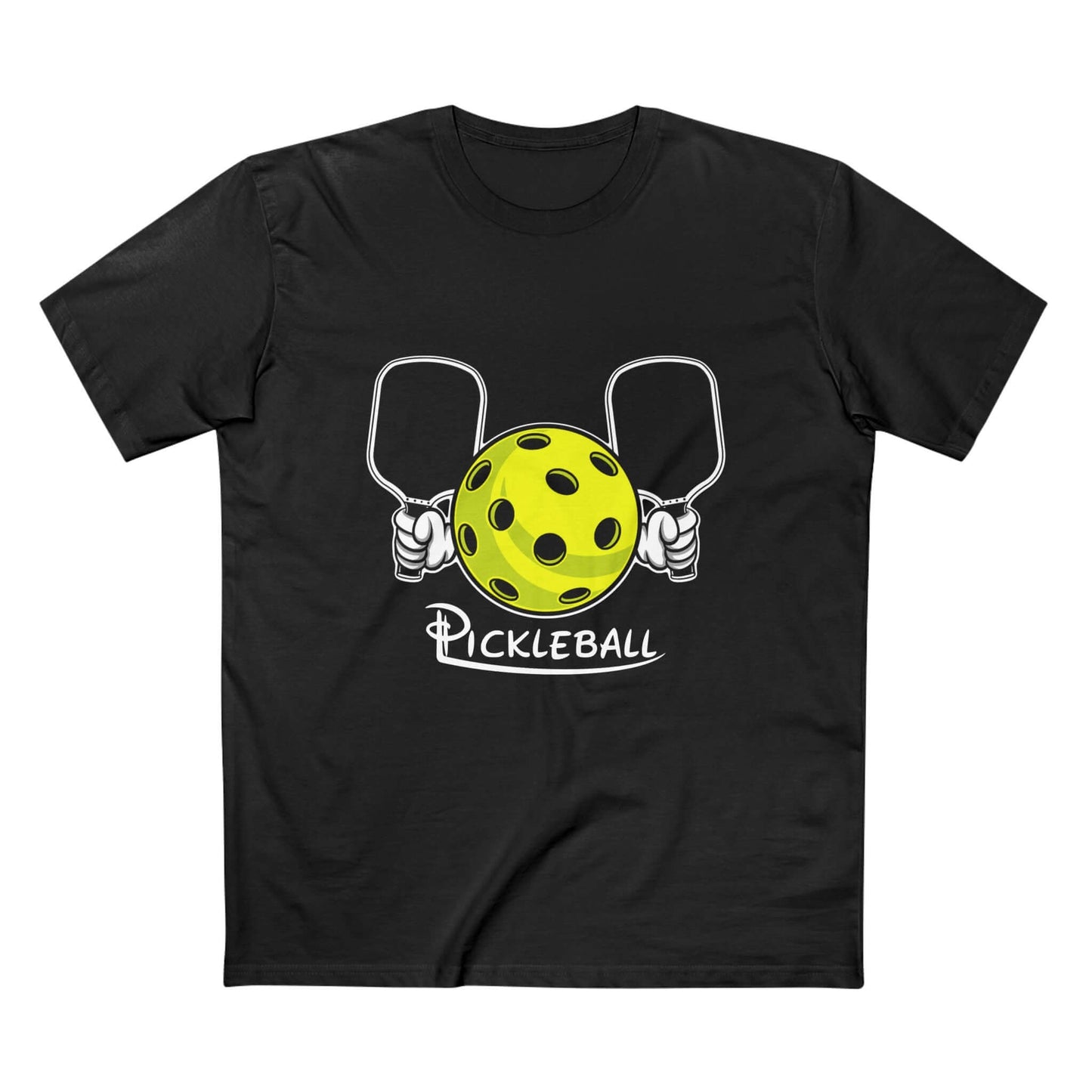 Black HarmonyGrip FO Pickleball Series T-Shirt with yellow pickleball and paddles logo.