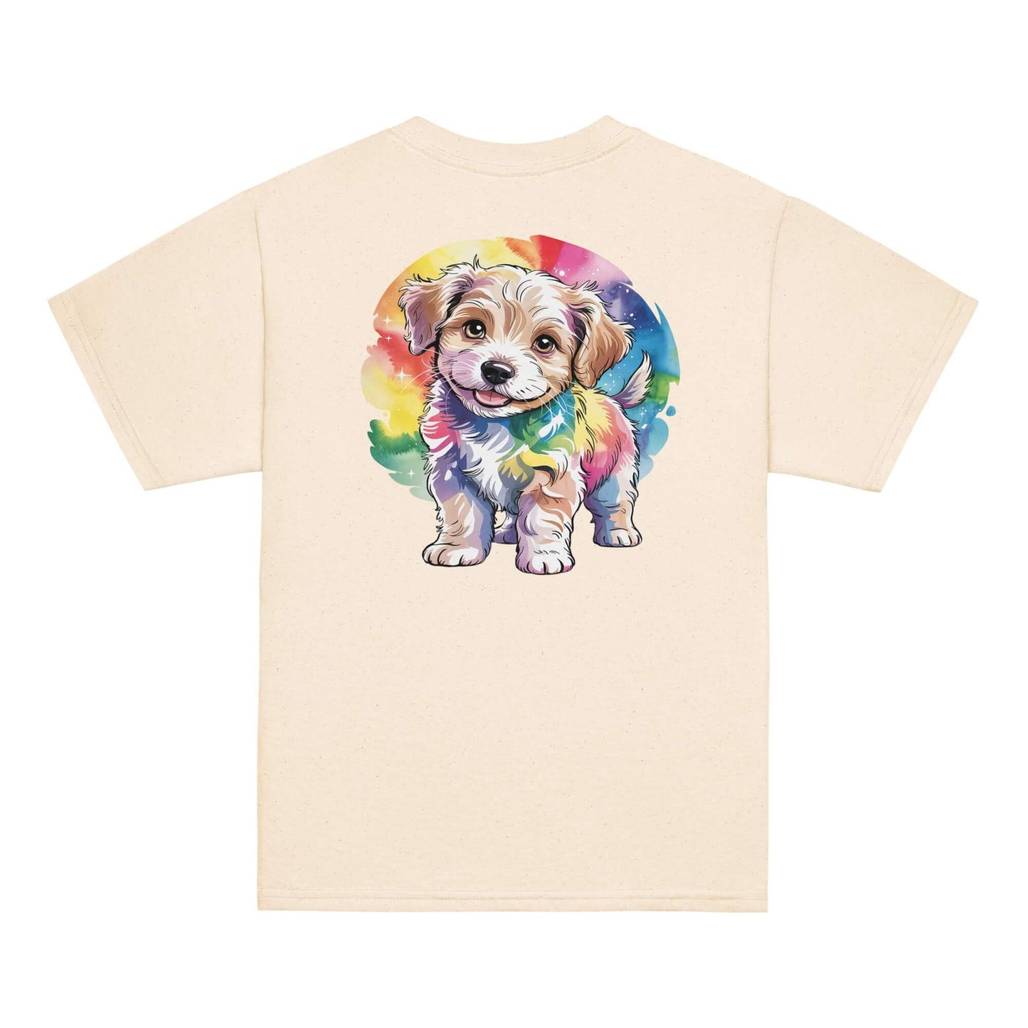 PUP LUV Youth Classic Tee featuring a colorful puppy illustration on a light tan background.