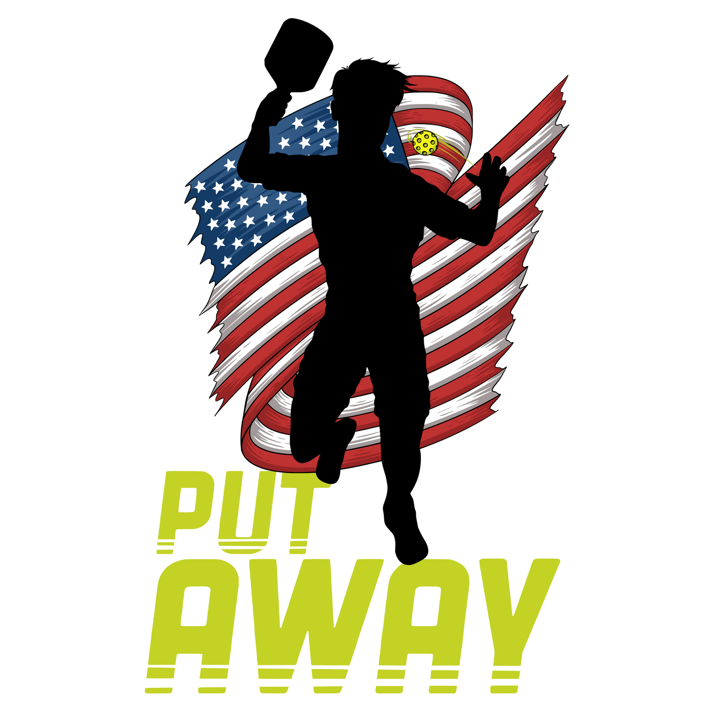 "American pickleball silhouette with flag and 'Put Away' text graphic"
