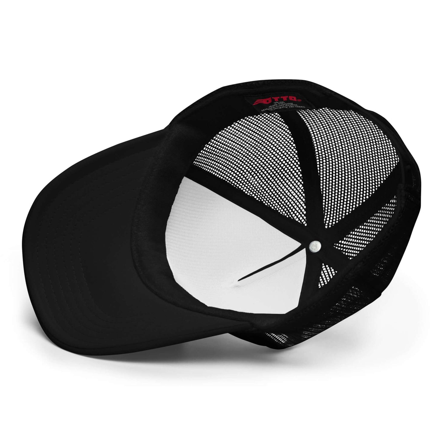 Inside view of the Ride Fast Foam Embroidered Trucker Hat with black mesh detailing, perfect for motocross enthusiasts and Ronnie Mac fans.