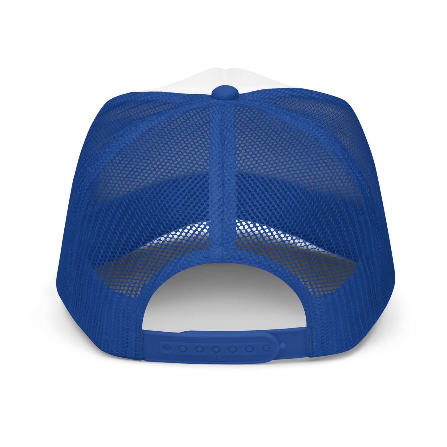Blue mesh back of Ride Fast Foam Embroidered Trucker Hat, featuring adjustable snap closure for motocross enthusiasts.