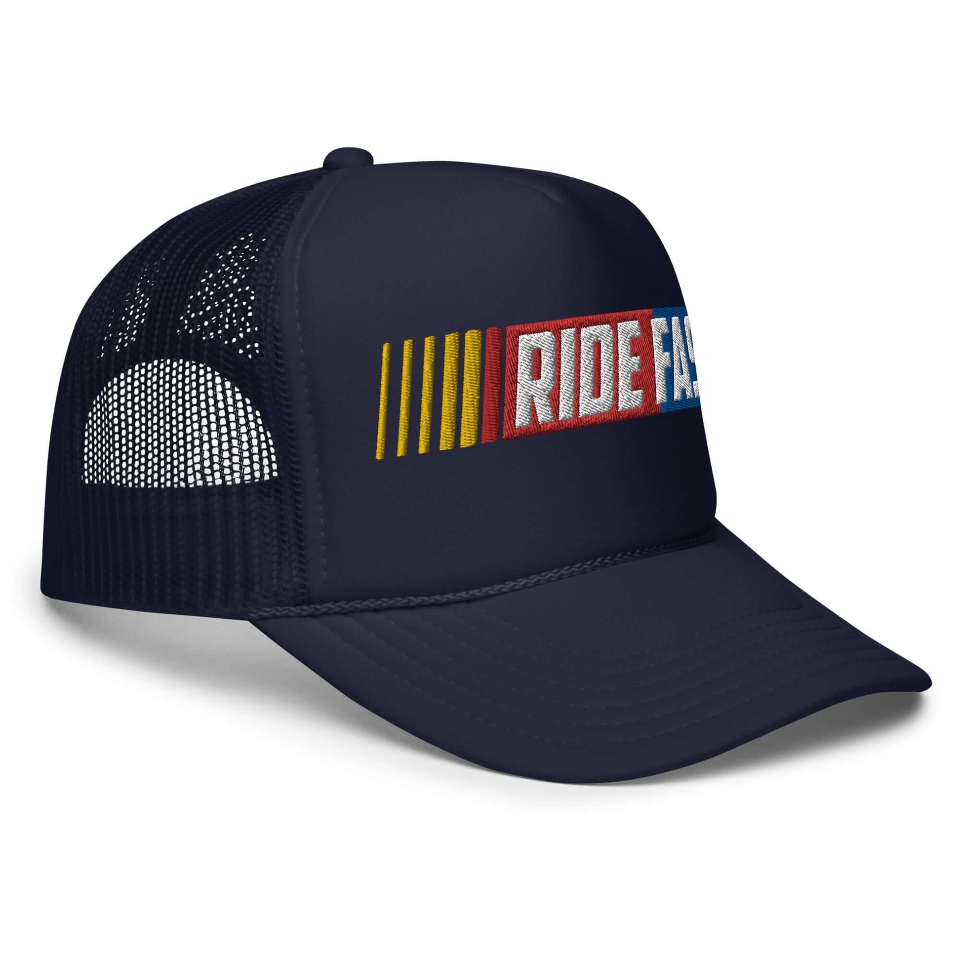 Ride Fast Foam Embroidered Trucker Hat with colorful logo design for motocross enthusiasts and fans of fast-paced lifestyle.