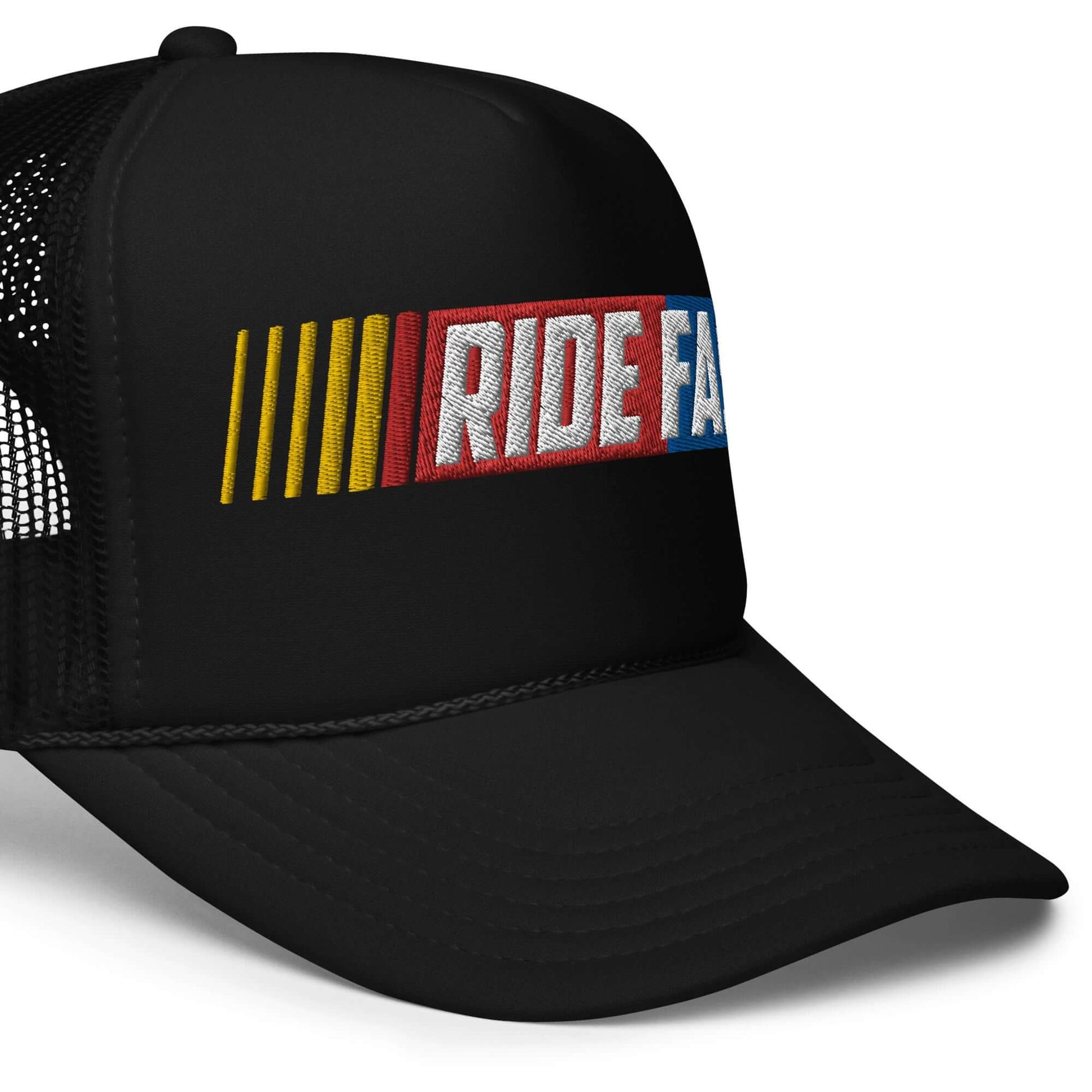 Ride Fast Foam Embroidered Trucker Hat with bold lettering, ideal for motocross fans seeking stylish headgear.