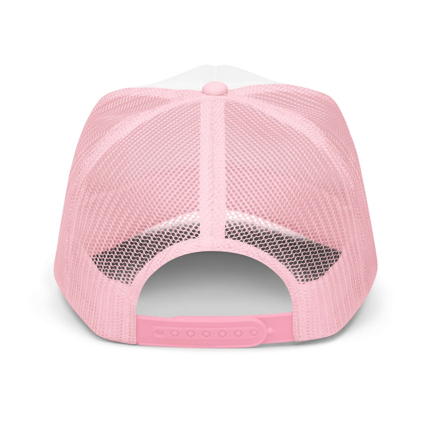 Pink mesh back of Ride Fast Foam Embroidered Trucker Hat with adjustable snap closure