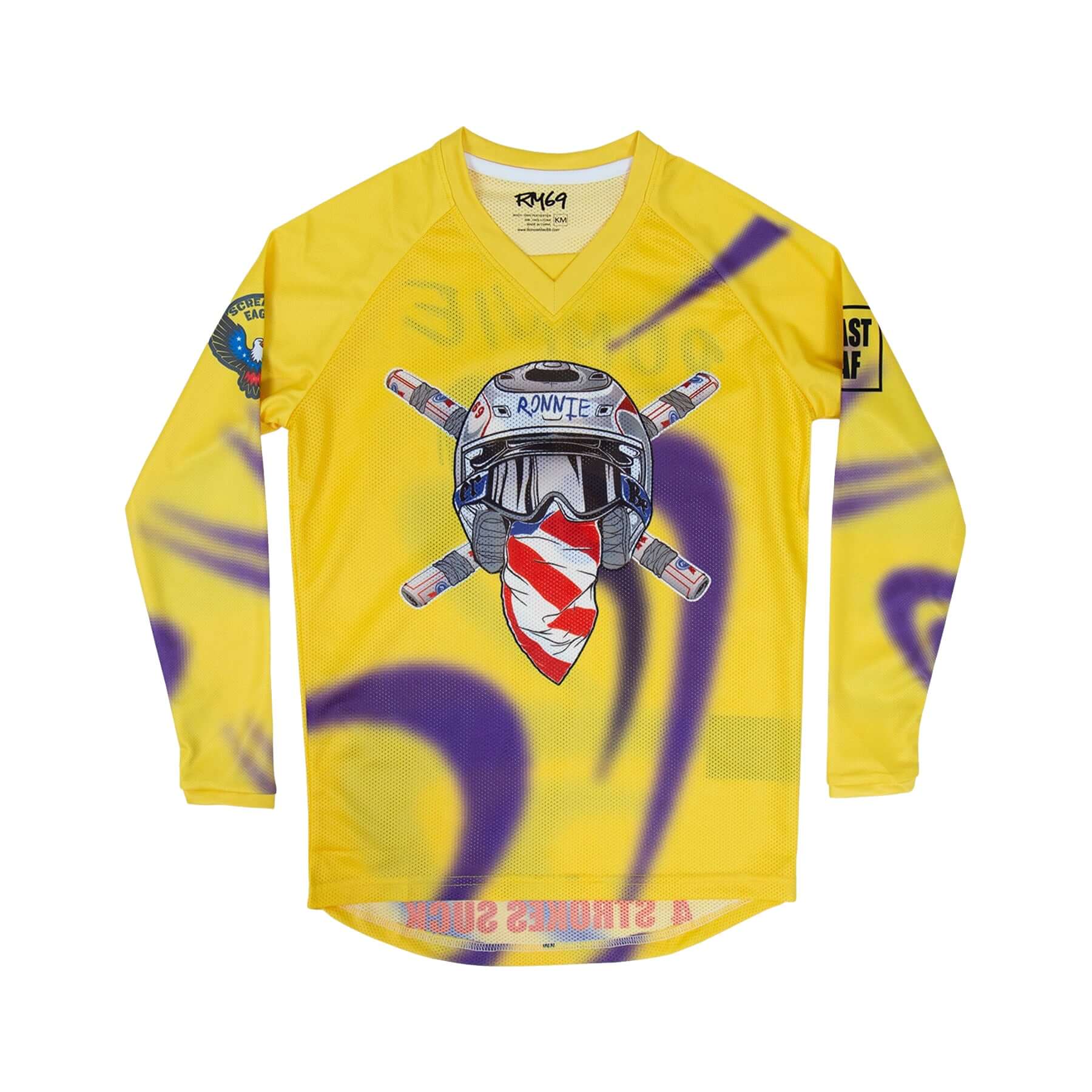 Yellow Crossbones Helmet 69 Jersey with icon graphic and vented mesh design