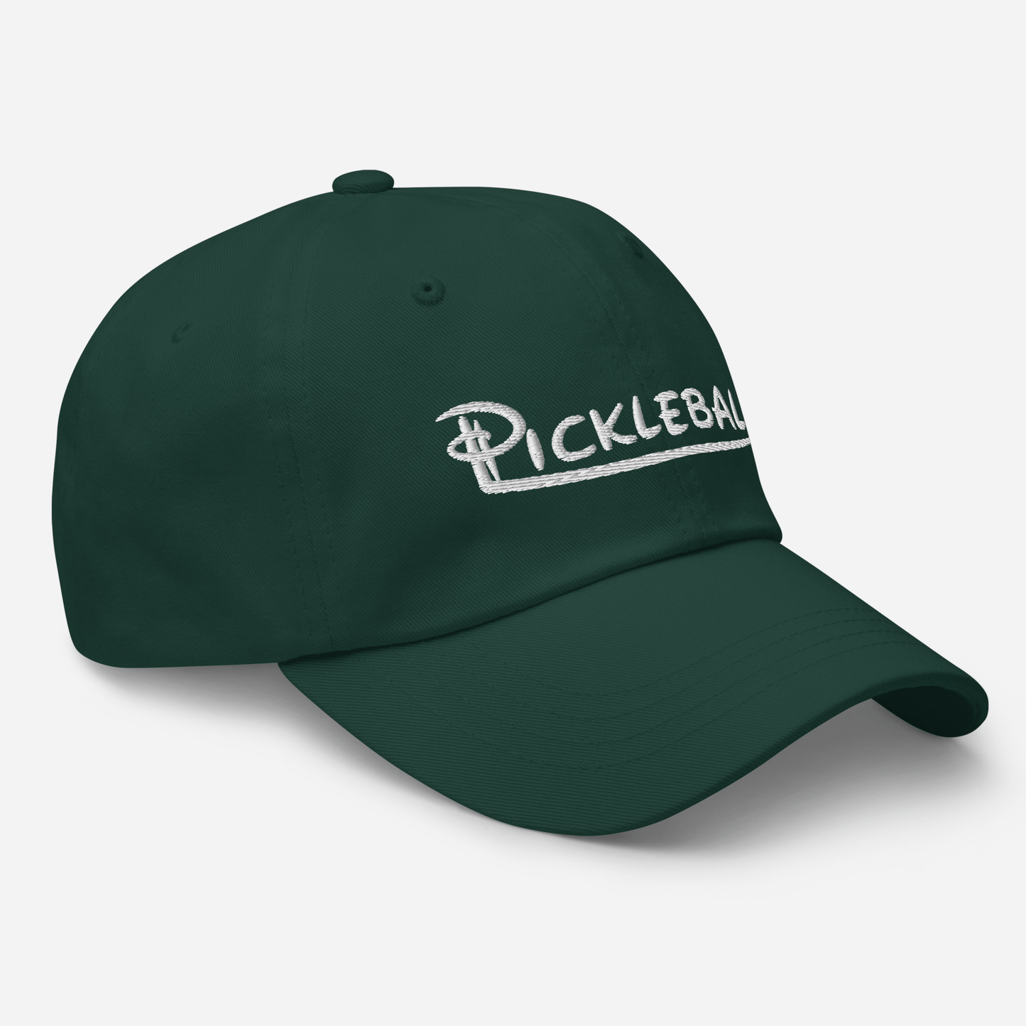 Low profile pickleball hat with adjustable strap and embroidered logo in dark green color.
