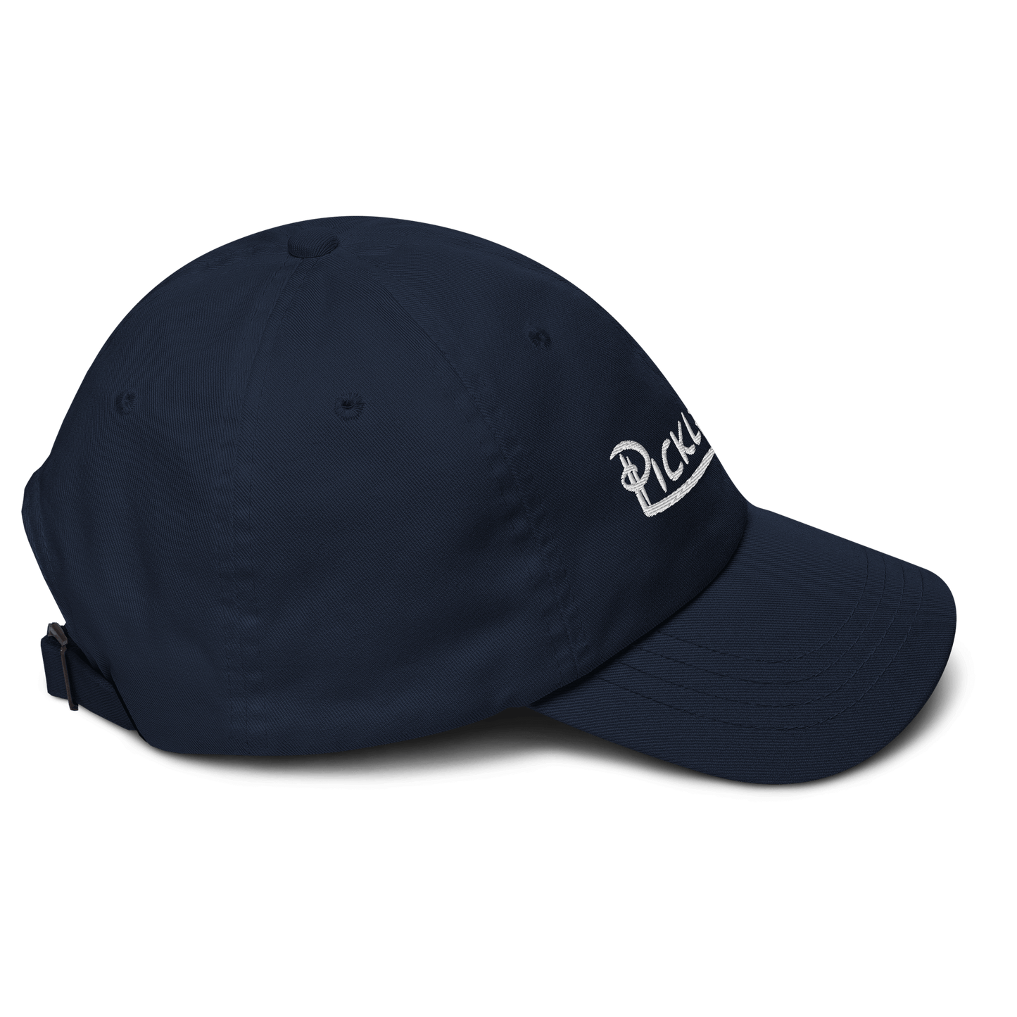 Navy blue low profile pickleball hat with adjustable strap and embroidered logo on the side.