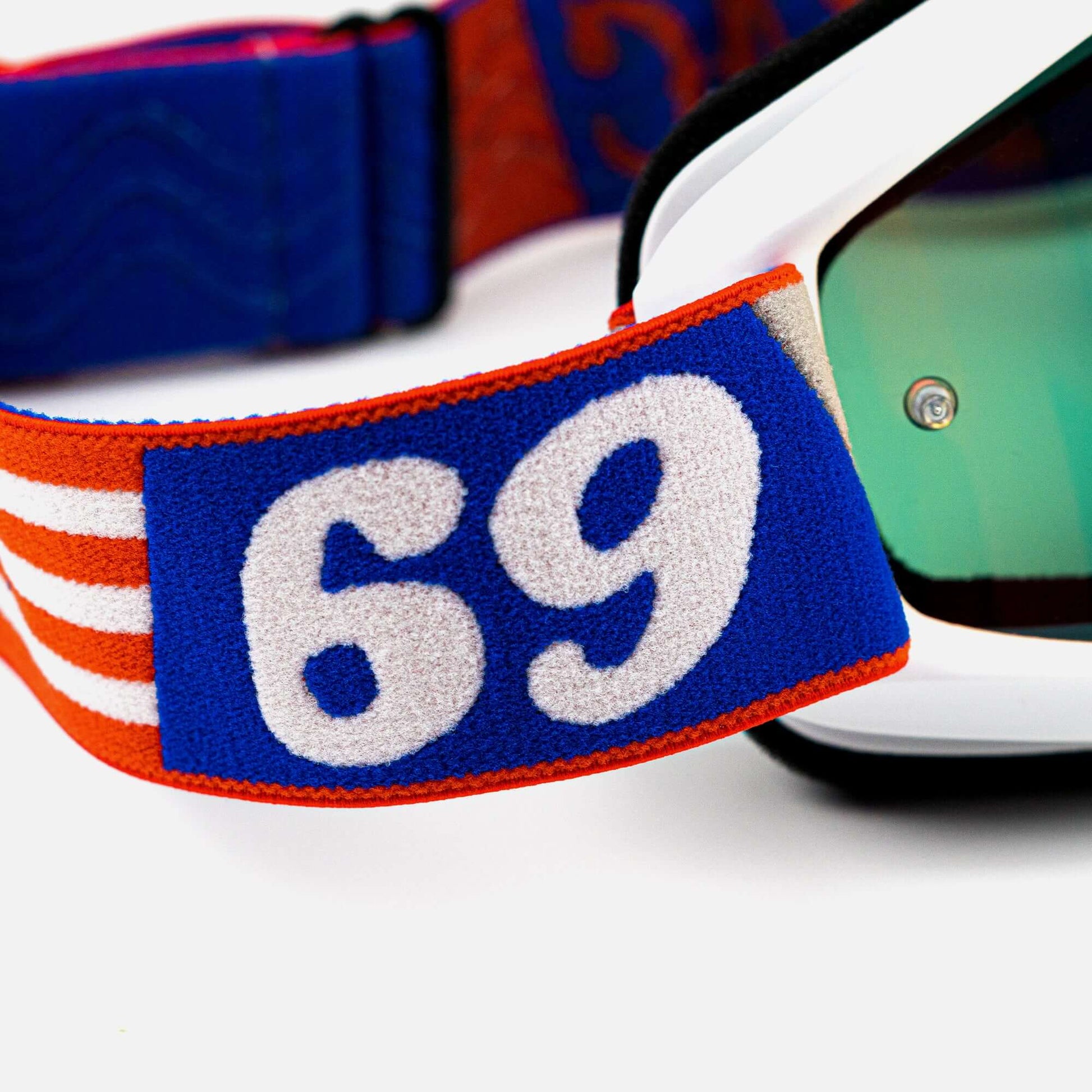 Stars and Bars Beer Goggles strap with number 69, featuring red, white, and blue colors for dust protection and comfort.