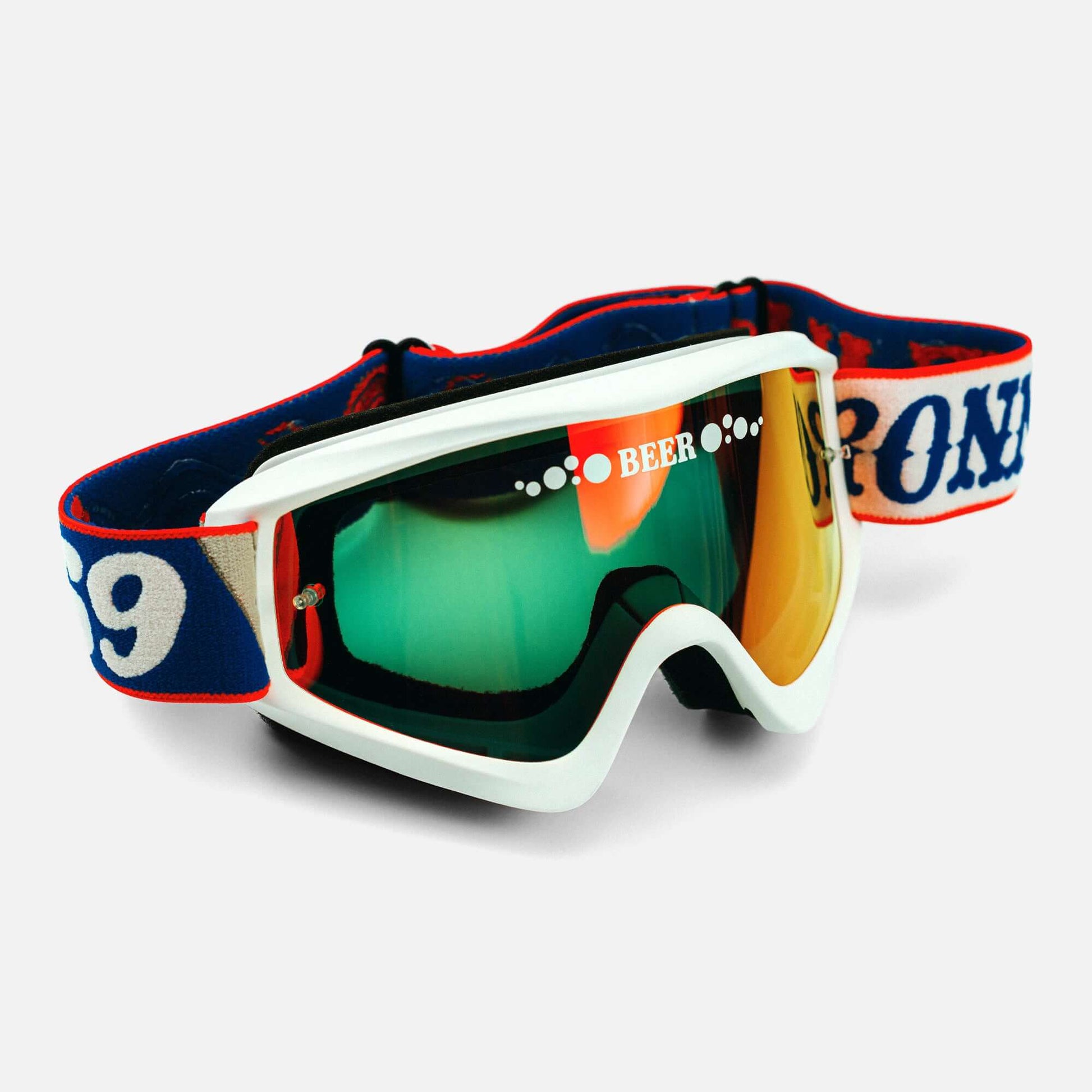 Stars and Bars Beer Optics goggles with red, white, and blue design, offering comfort and protection against dust and debris.