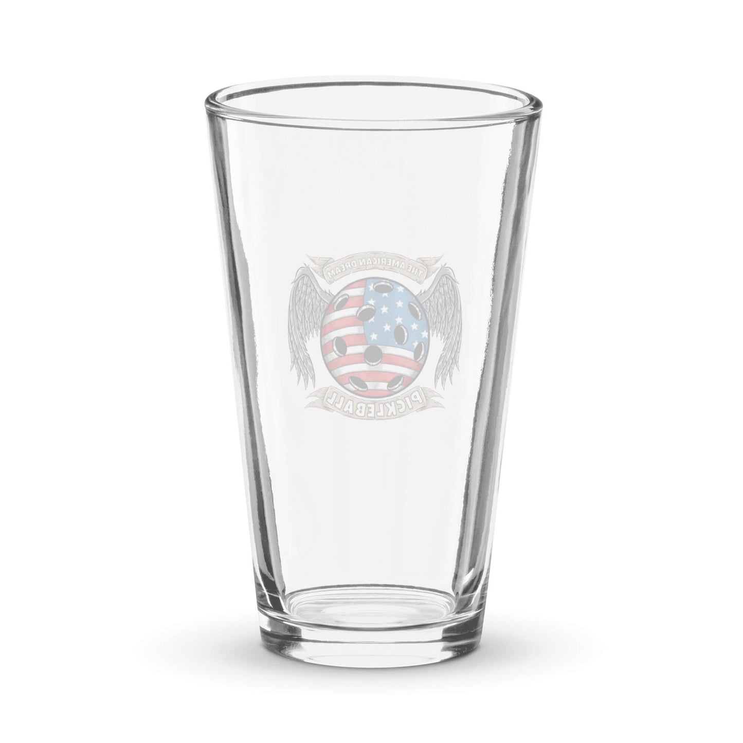 American Dream Pickleball Shaker Pint Glass with patriotic design, perfect for post-game celebrations, holds 16 oz beverage.