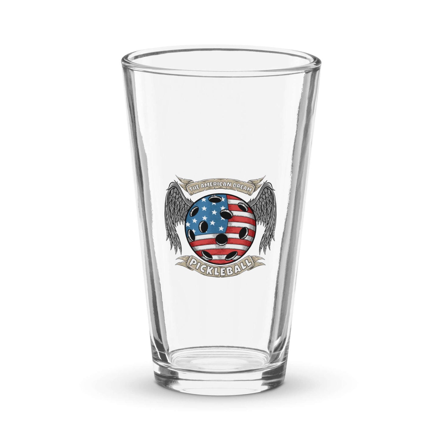"The American Dream Pickleball Shaker Pint Glass with patriotic design"