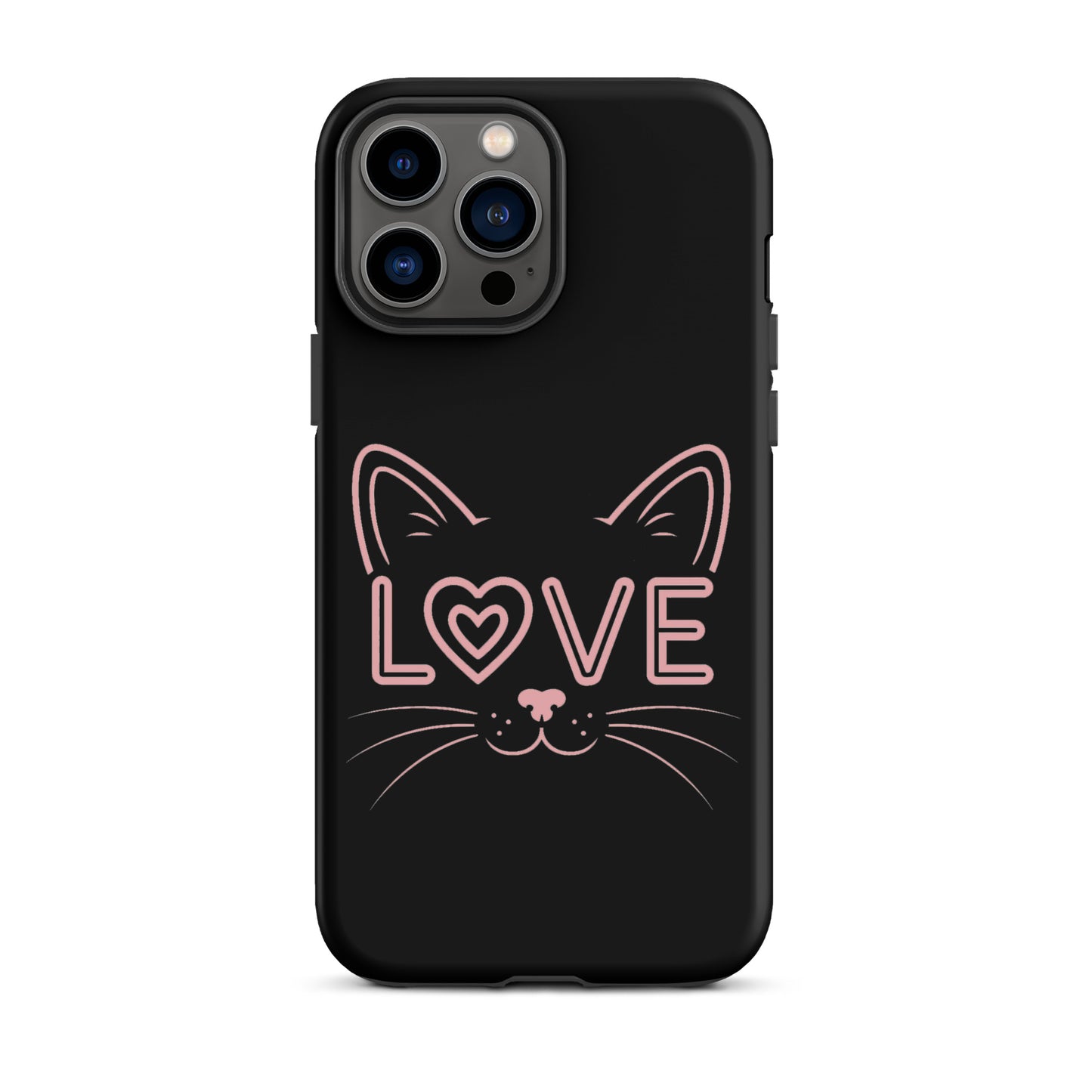 Cat Love phone case for iPhone with minimalist cat face and "love" text design.
