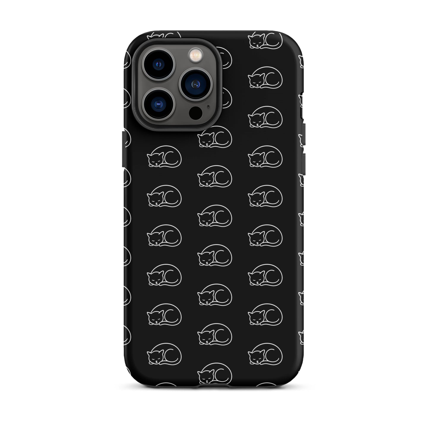 Phone case for iPhone with curled-up cat pattern, perfect for feline fans seeking stylish device protection.