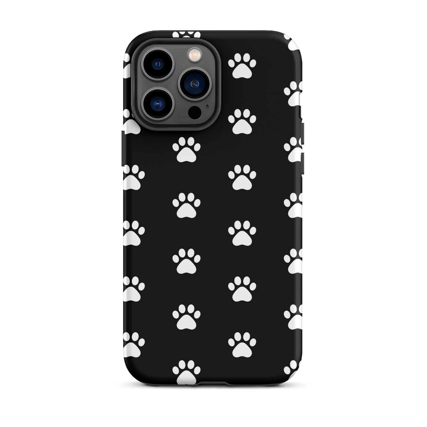 Phone Case for iPhone with stylish paw print design, ideal for pet lovers, featuring white paw pattern on black background.
