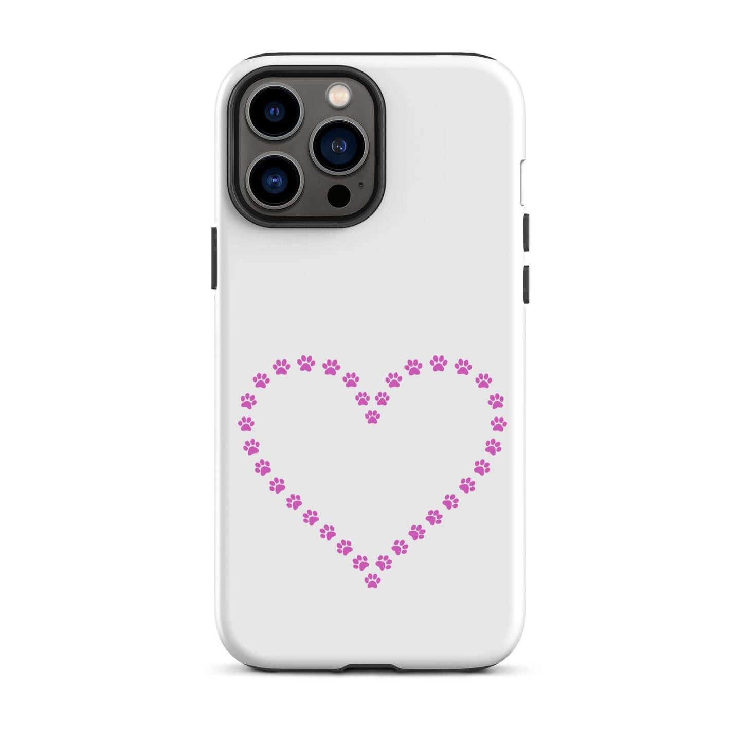 Phone Case with pink paw print heart design for pet lovers, fits iPhone, durable protection, perfect for cat and dog owners.
