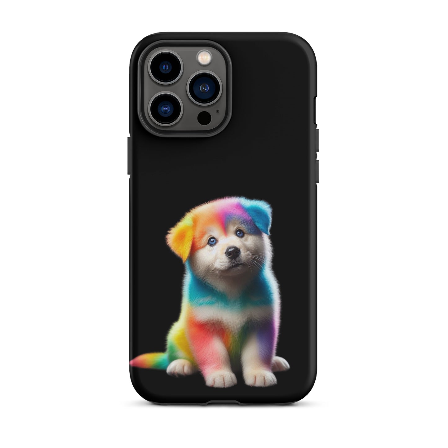Phone Case with rainbow puppy design against a night sky, featuring vibrant colors and cosmic sparkle for iPhone protection and style.