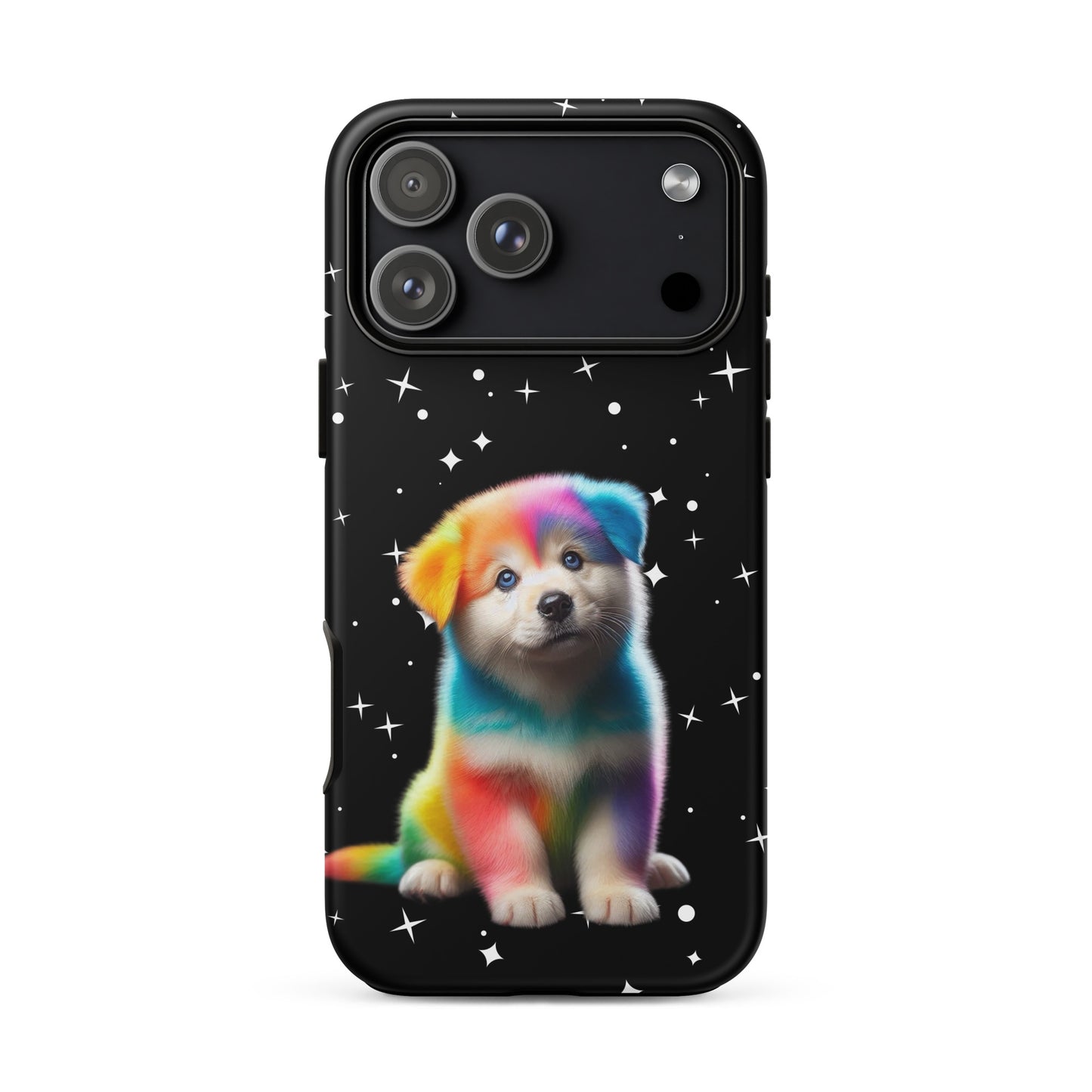 Phone Case featuring a rainbow puppy design against a starry night sky for iPhone.