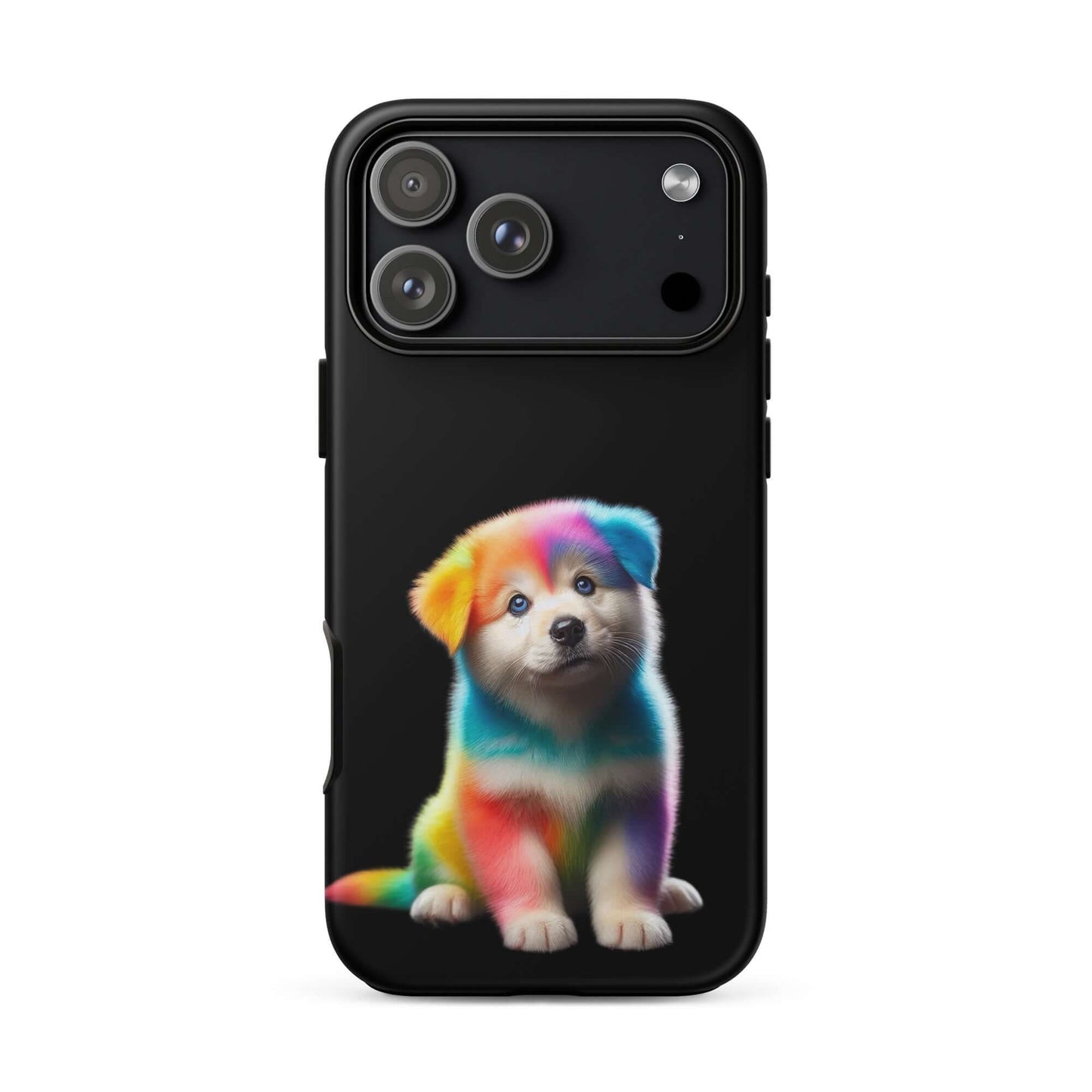 Phone Case featuring a colorful rainbow puppy design on a black background, perfect for pet lovers.