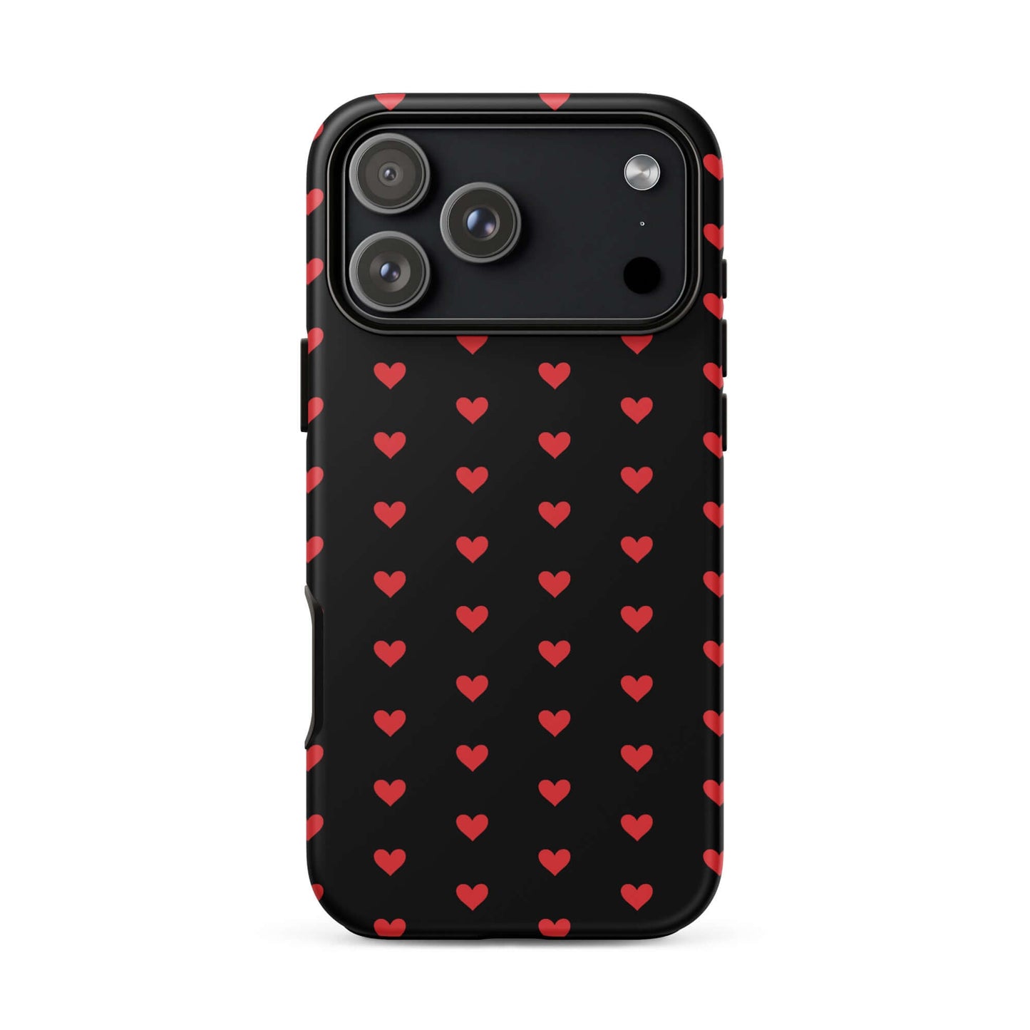 Phone Case for iPhone featuring fiery red hearts on a black background, combining luxury design and daily protection.