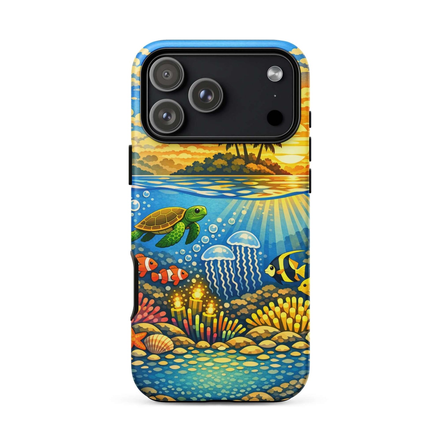 Phone Case for iPhone featuring a tropical sunset and underwater reef scene with sea turtles and vibrant coral.