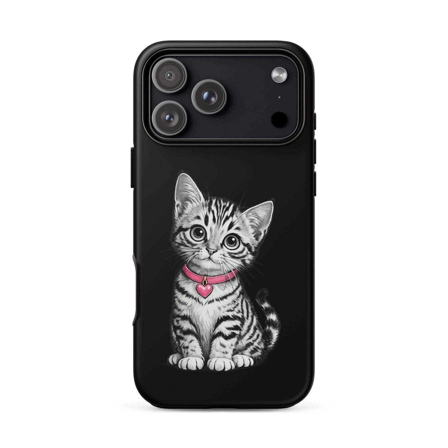 Phone Case for iPhone featuring a pencil sketch kitten with a pink heart charm on a black background.