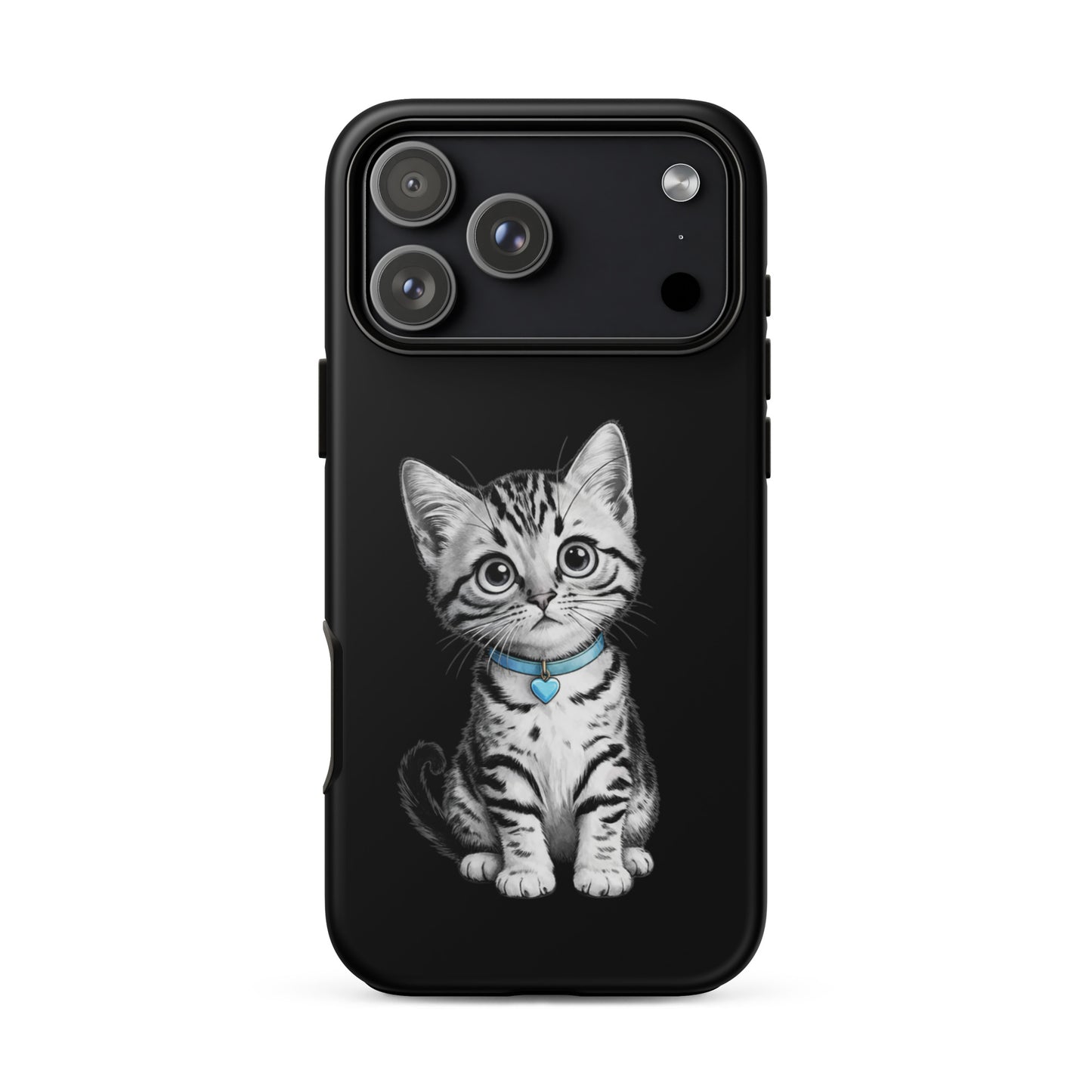 Phone Case for iPhone with kitten sketch and blue heart charm, black and white design, premium protection, artful charm.