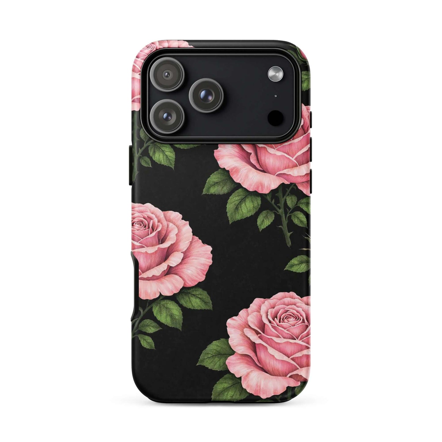 Phone Case with pink rose garden design for iPhone, featuring sketch-style roses on a black background.