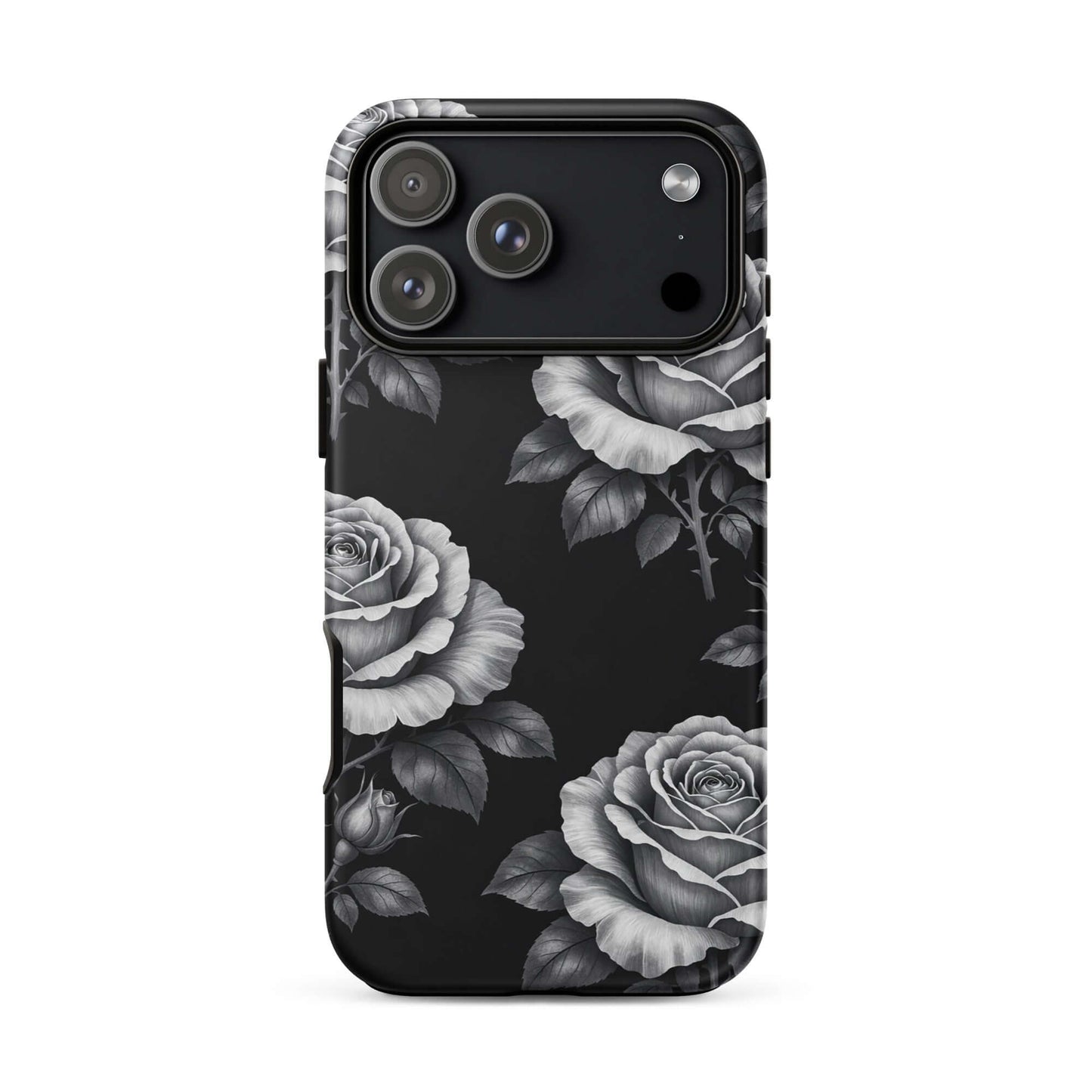 Phone Case for iPhone with rose garden design on black background, featuring hand-sketched floral pattern for elegance and charm.