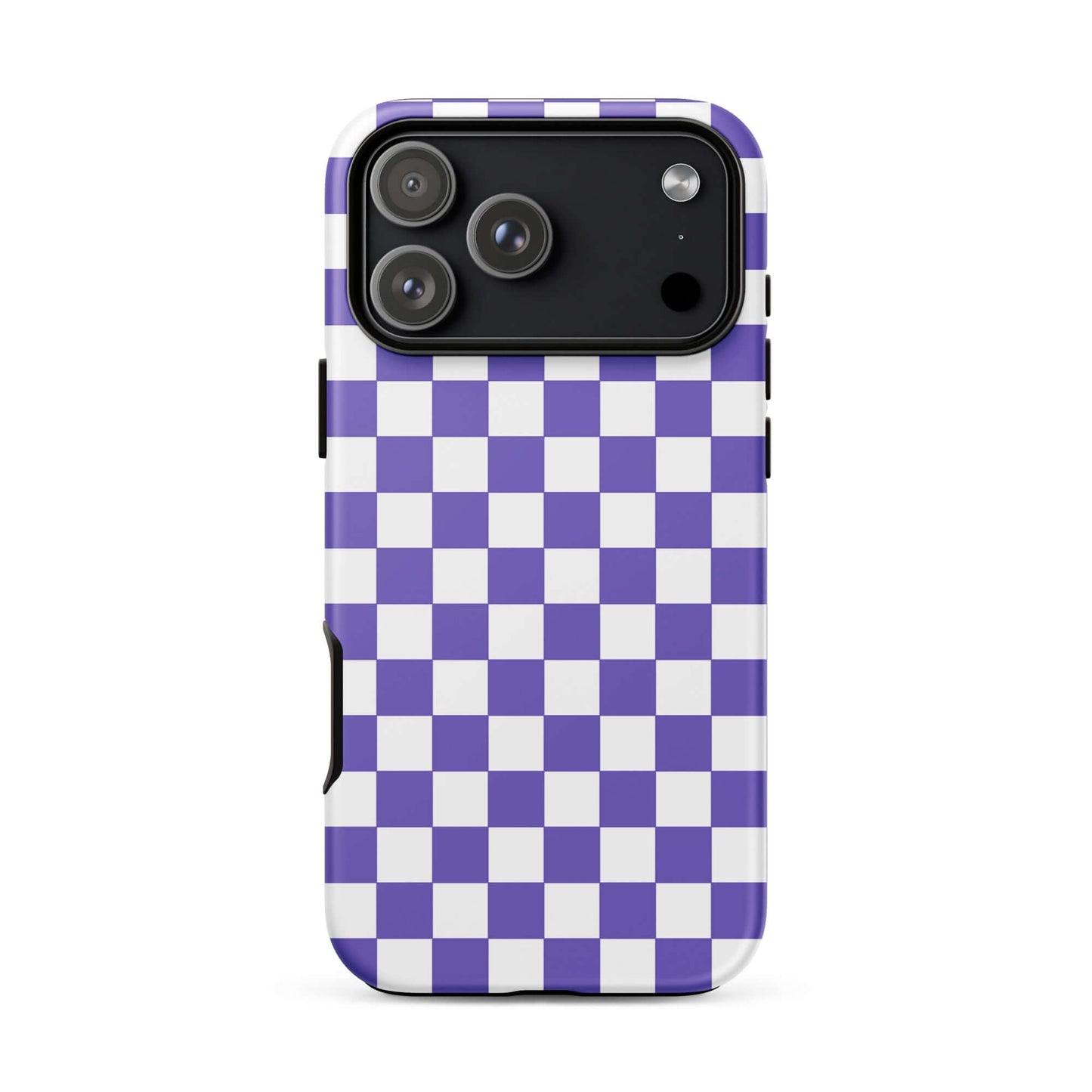 Purple and white checkered Phone Case for iPhone, stylish and playful accessory enhancing your device's fashion statement.