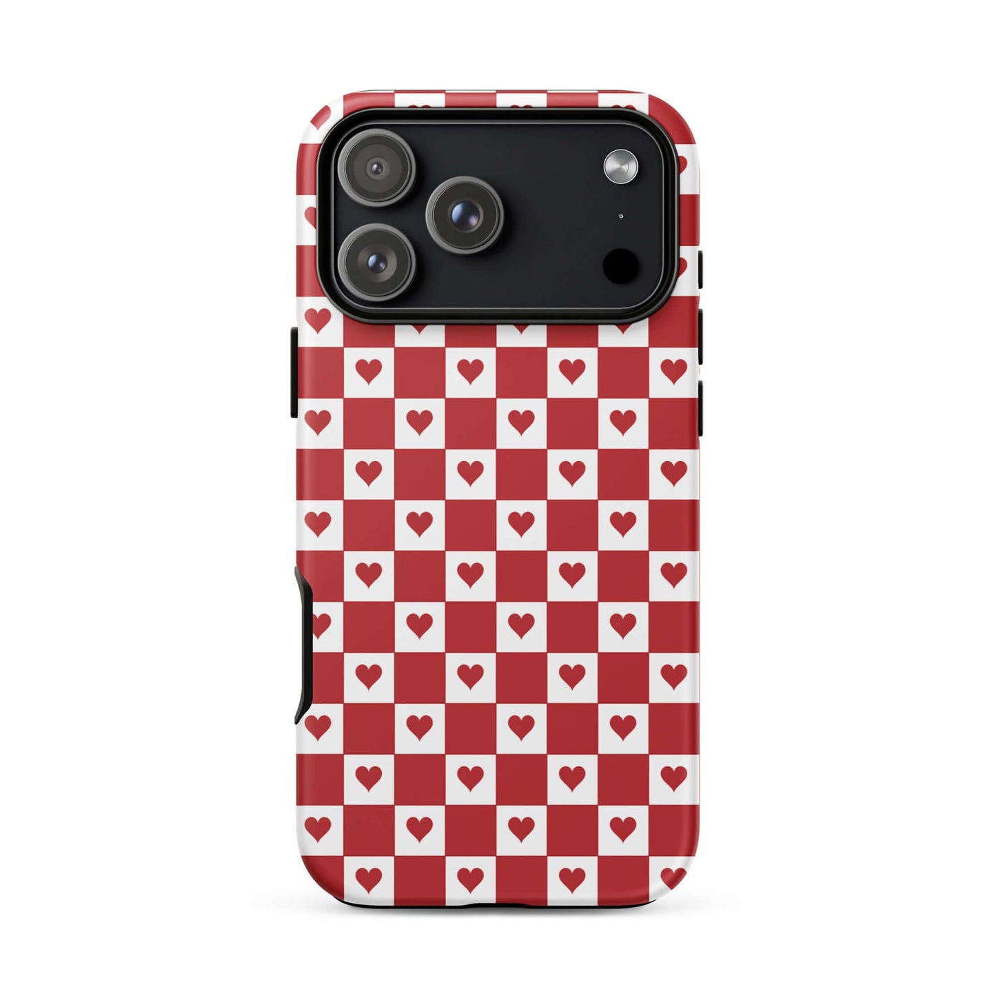 Phone Case for iPhone with cute red heart checkered design, featuring tiny crimson hearts on white squares.