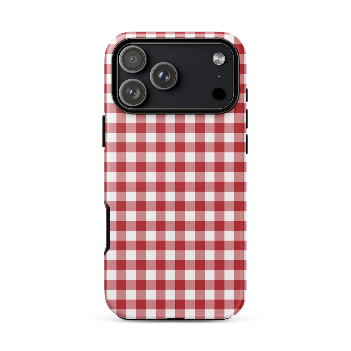 Phone Case with red and white gingham pattern on iPhone, blending style and protection.