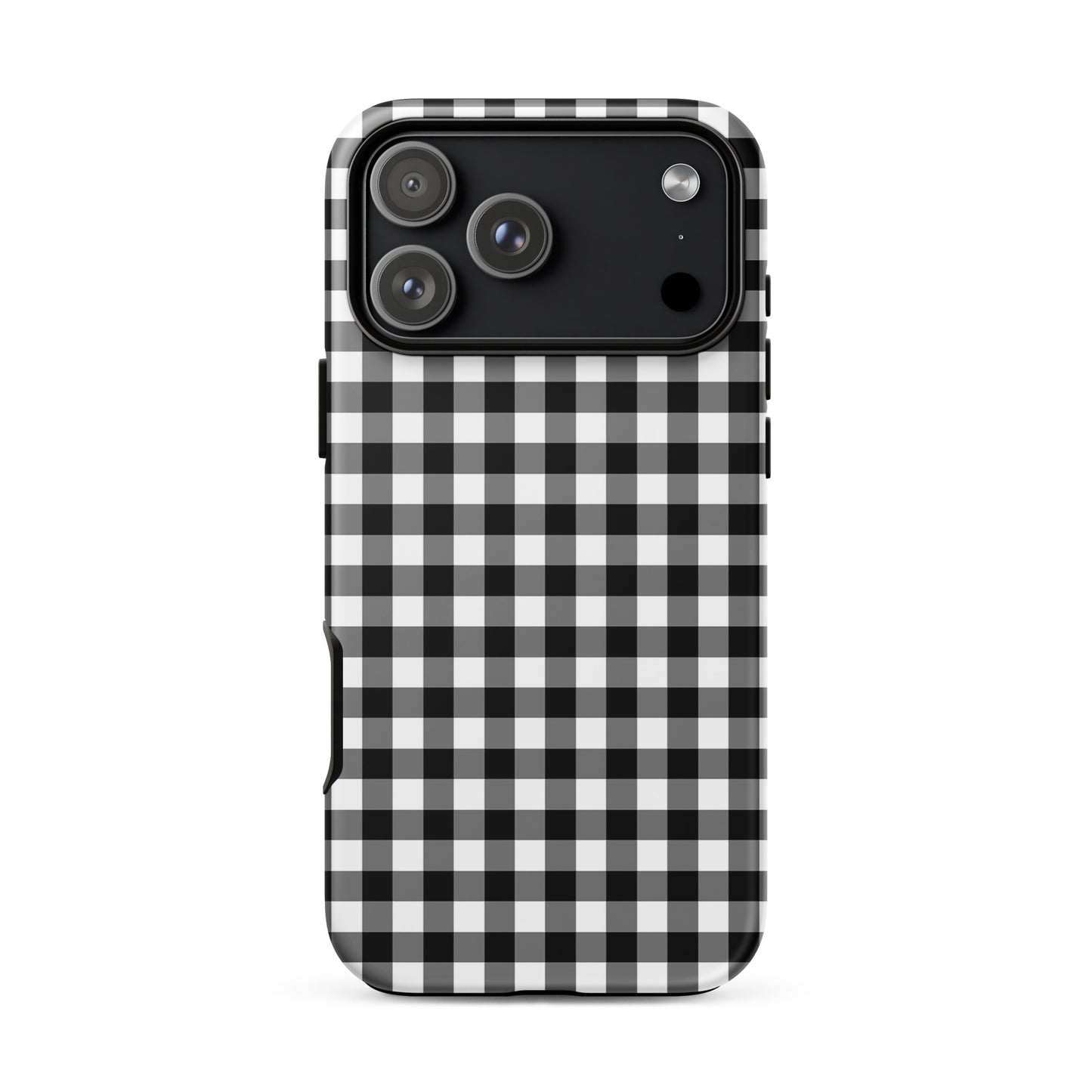 Phone Case with black-and-white gingham pattern for iPhone, combining style and durability.