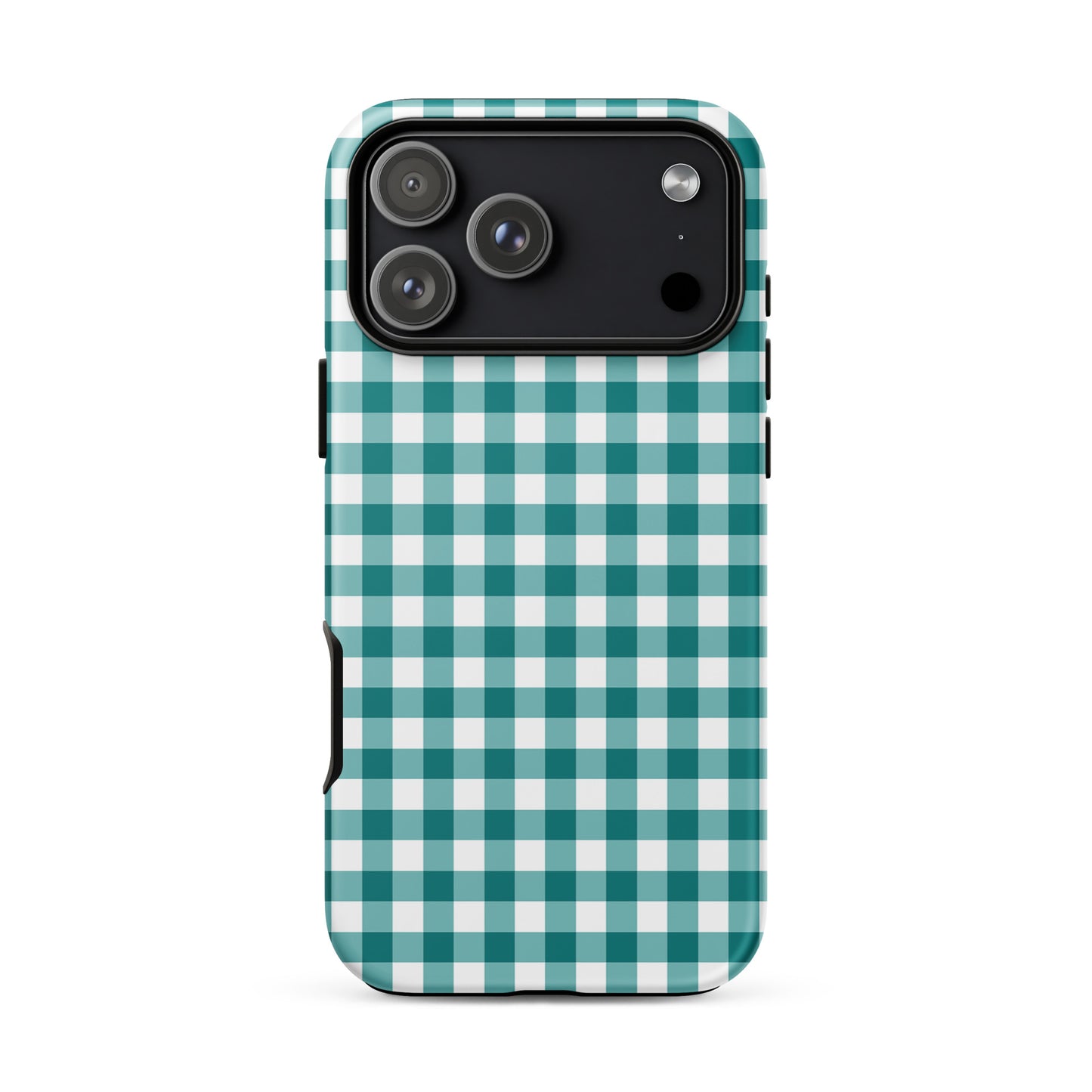 Phone Case with teal and white gingham pattern for iPhone, stylish and durable design