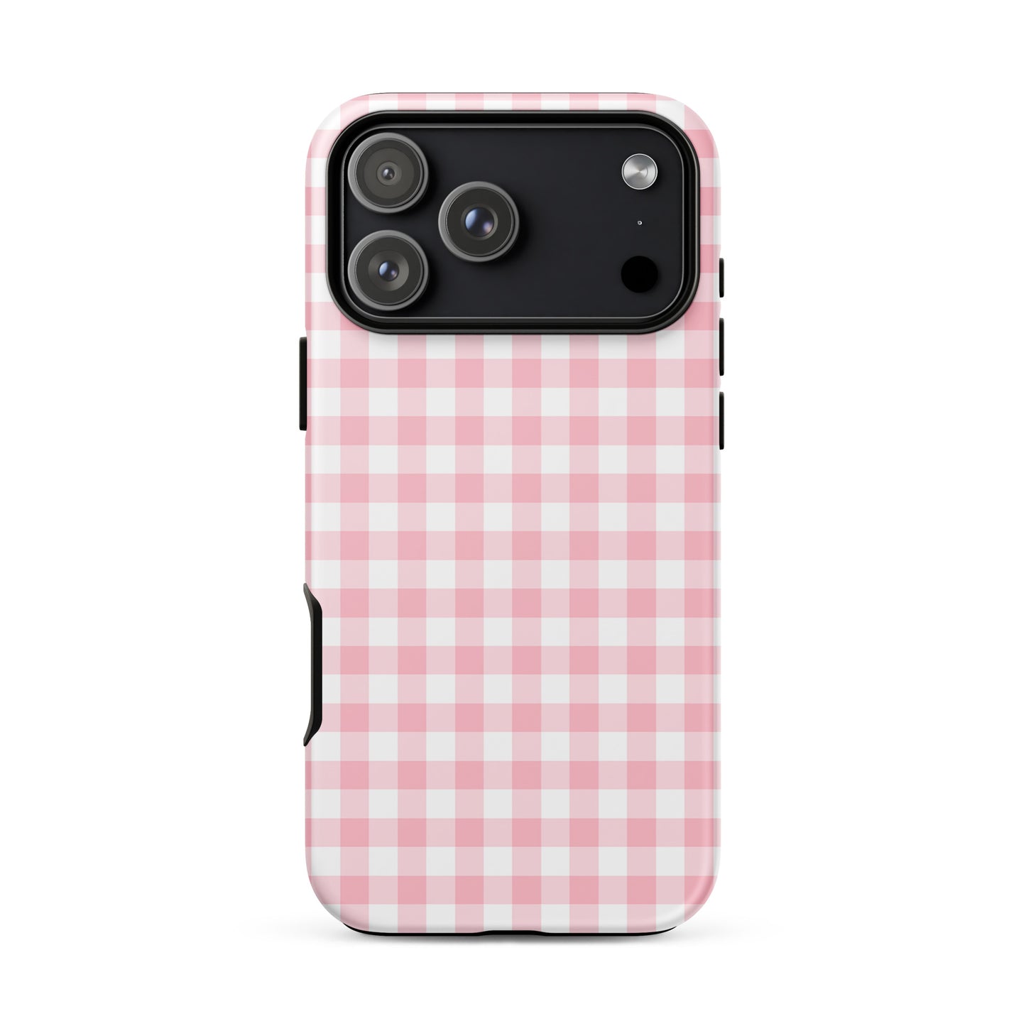 Phone Case for iPhone with pink and white gingham pattern offering stylish protection and upscale craftsmanship.