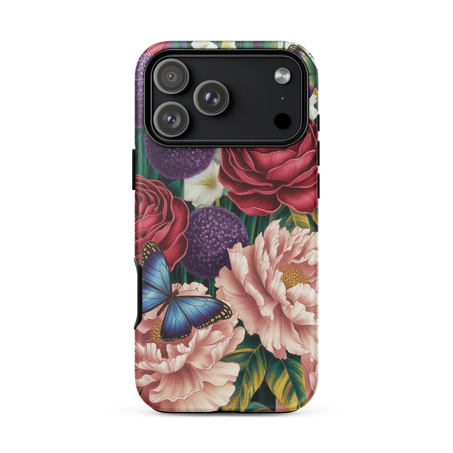 Phone Case featuring crimson roses, pink peonies, purple alliums, and butterflies, perfect for iPhone protection and style.