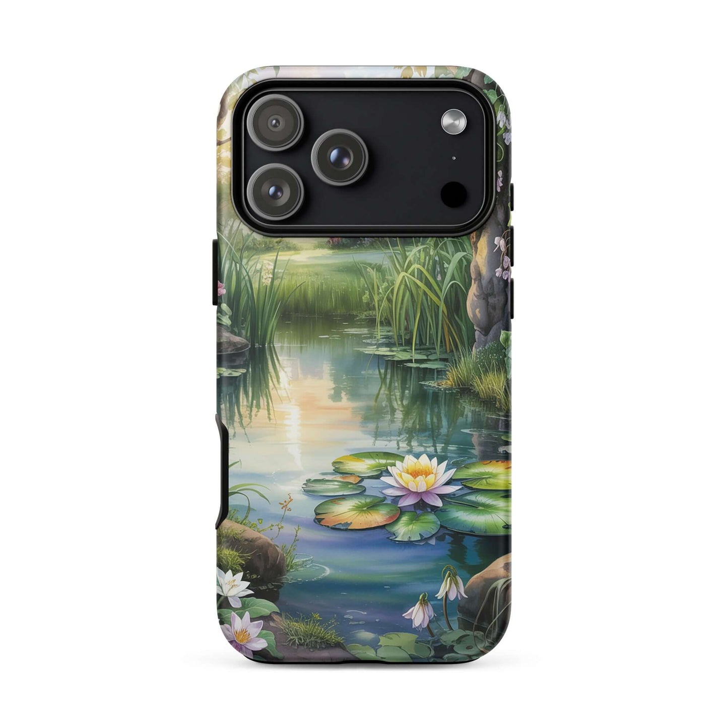 Phone Case for iPhone with enchanted pond design, featuring lily-dotted water, lush greenery, and sunset reflections.