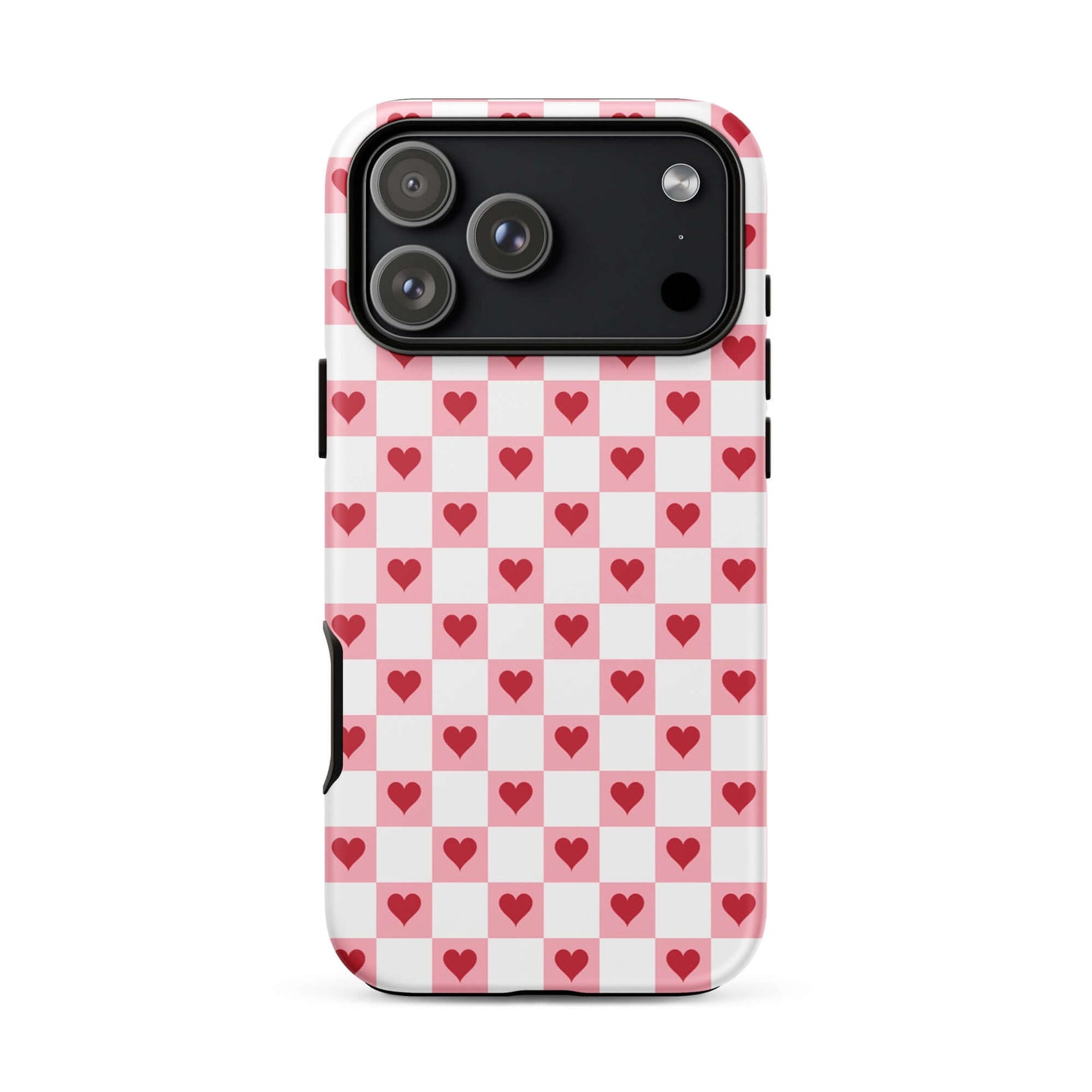 Phone Case for iPhone with pink-and-white checkered design and red hearts, charming and playful protective accessory.