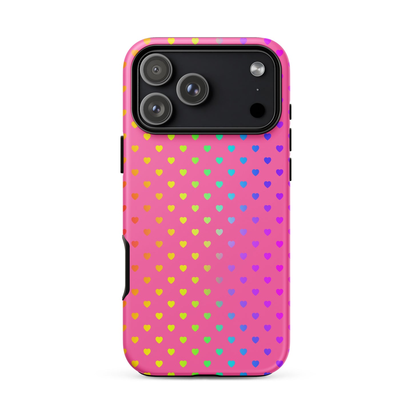Phone Case for iPhone with rainbow heart design on pink background, vibrant and protective.