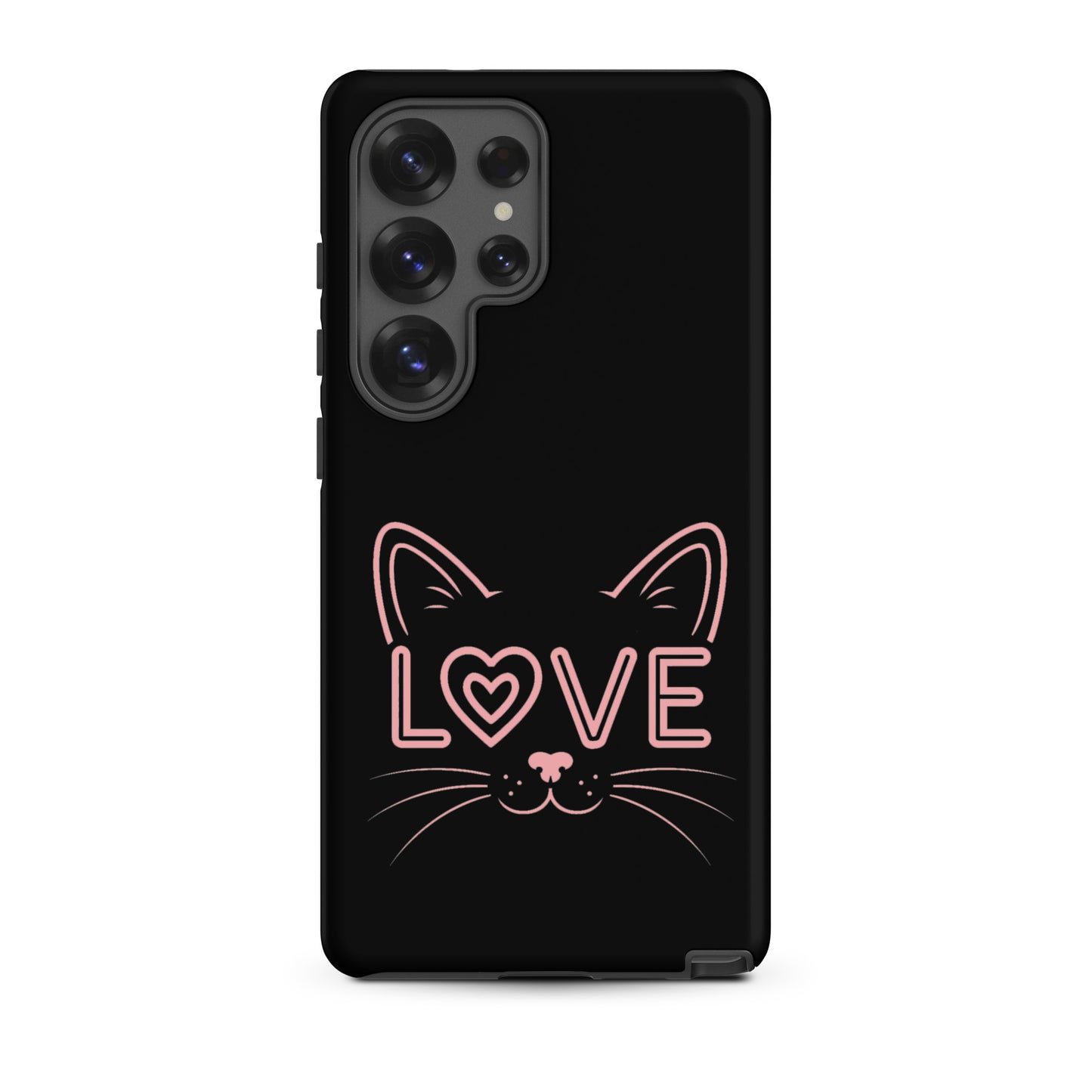 Cat Love Phone Case for Samsung Galaxy featuring a minimalist cat face and the word love in pink.
