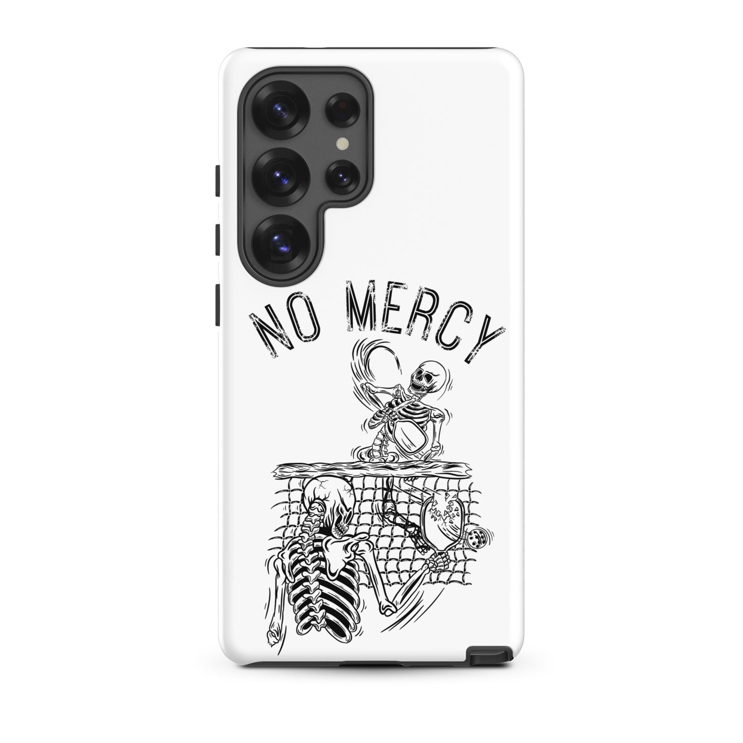Pickleball Samsung Galaxy case featuring 'No Mercy' design with skeletons, perfect for aggressive players on the court.