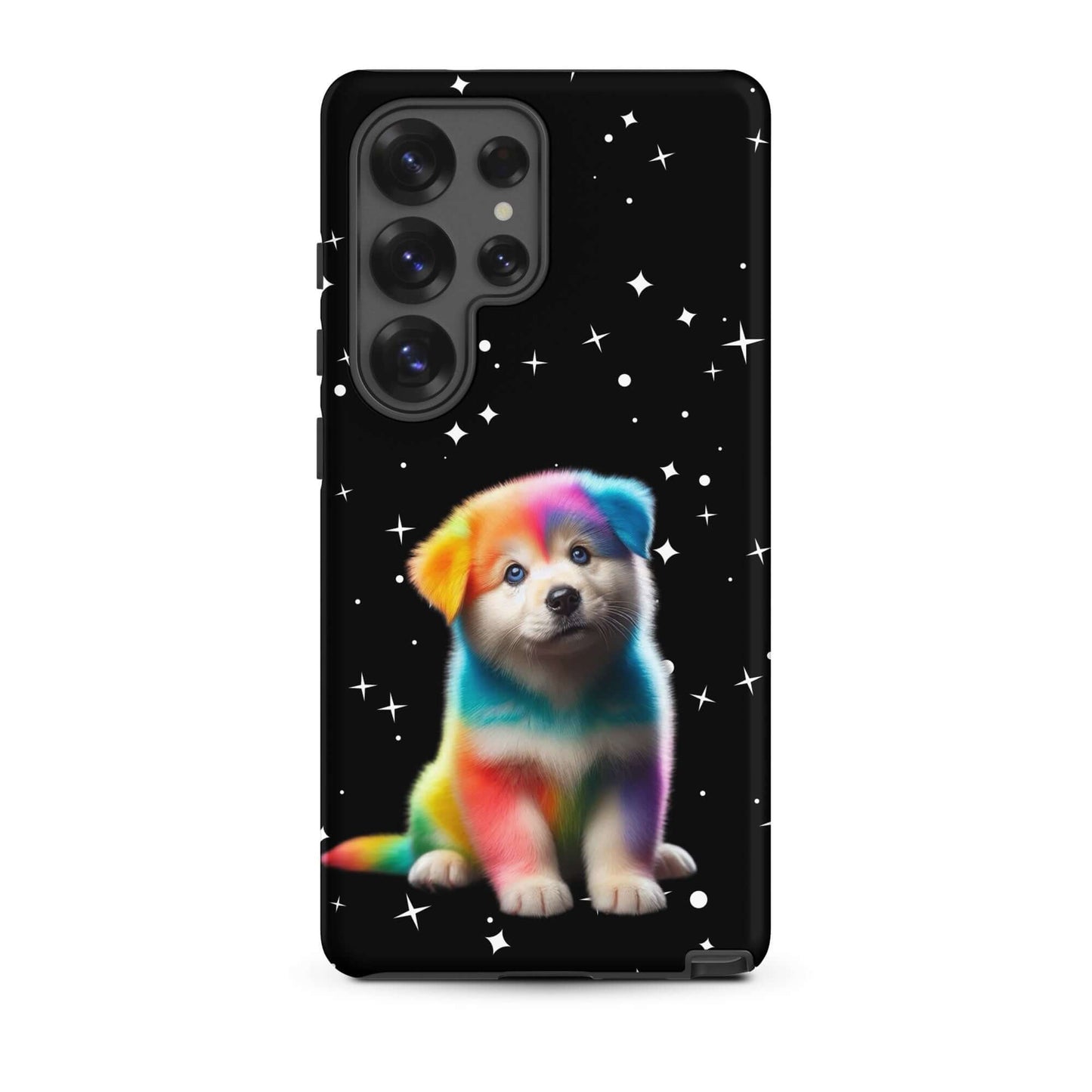Phone Case for Samsung Galaxy featuring a vibrant rainbow puppy design against a starry night sky.